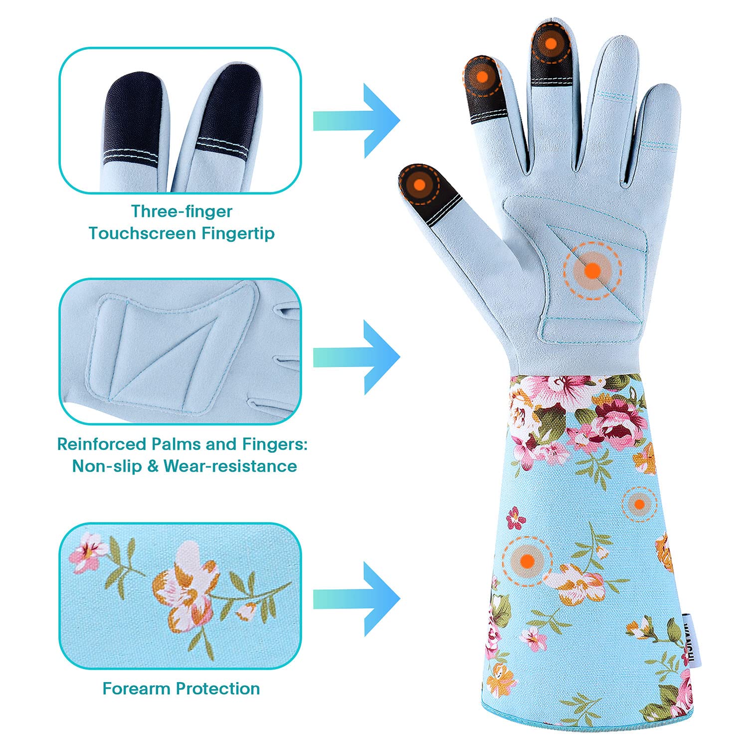 WANCHI Garden Gloves showing floral design and touch screen feature