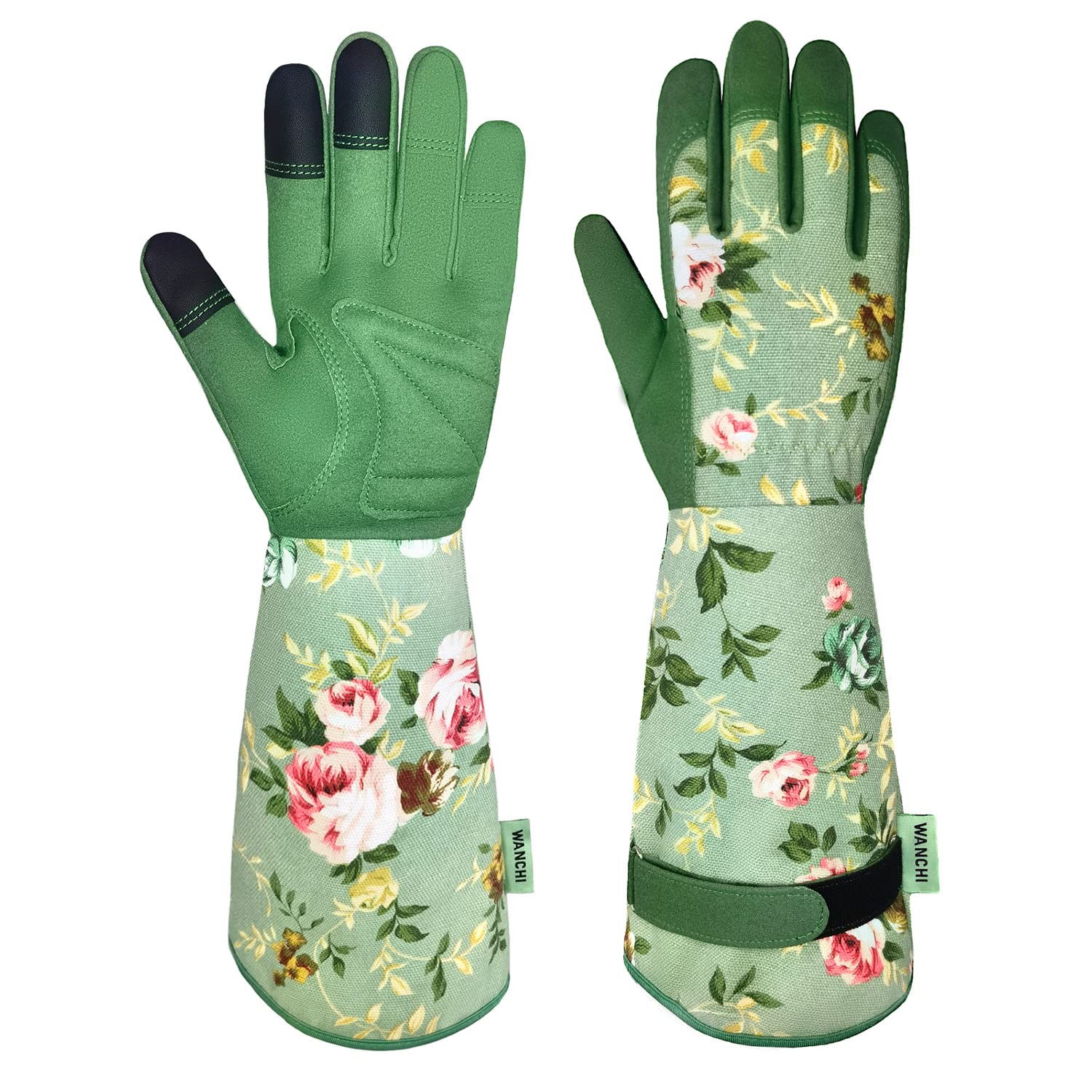 WANCHI Gardening Gloves for Women, medium green with floral design