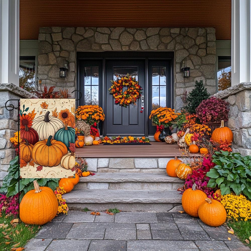 Wanpluml Fall Pumpkin Garden Flag featuring pumpkin and sunflower design