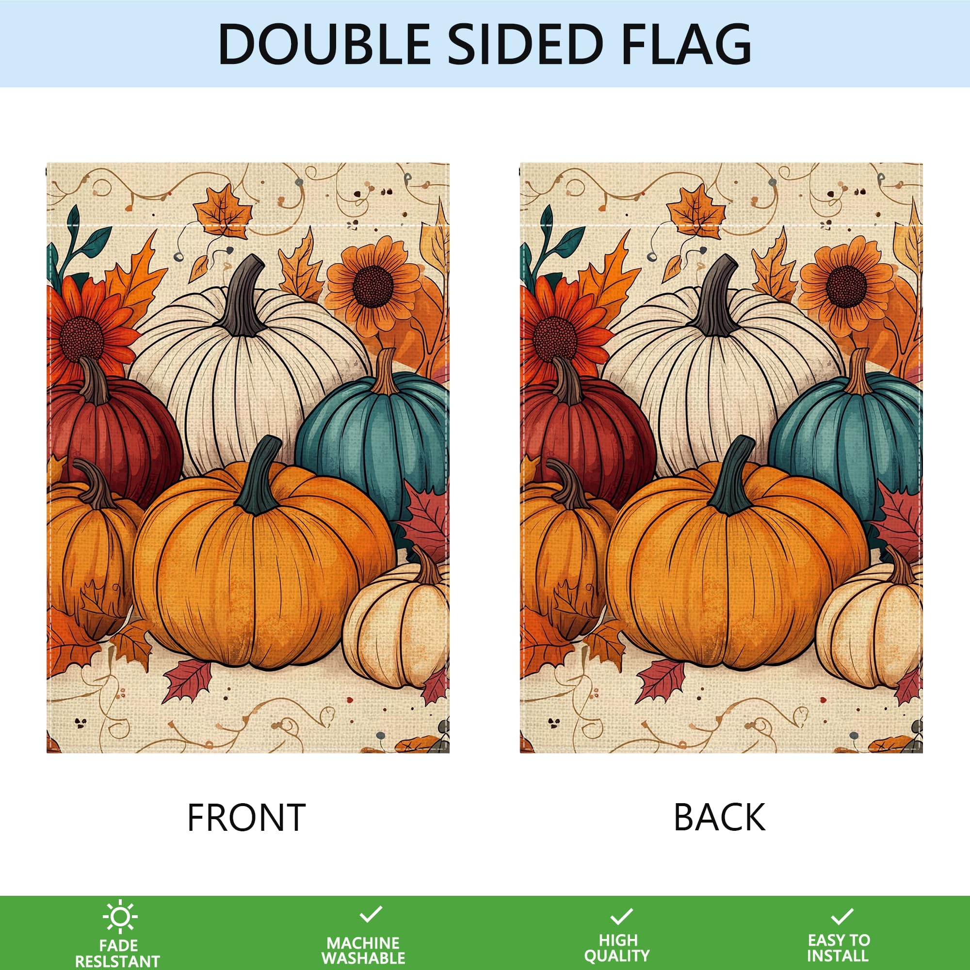 Wanpluml Fall Pumpkin Garden Flag in a garden with autumn leaves