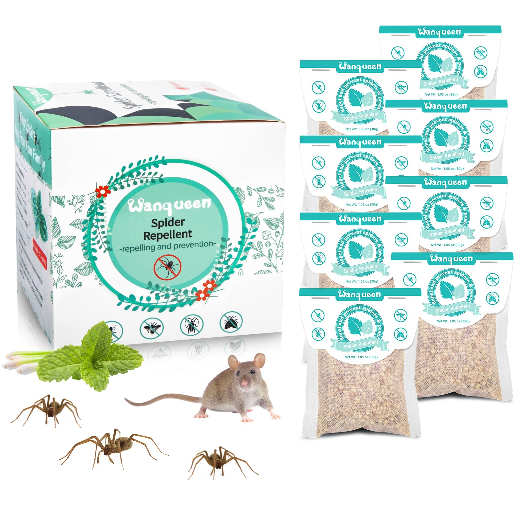 Wanqueen Spider Repellent Pouches, Mint Scent, Pack of 8