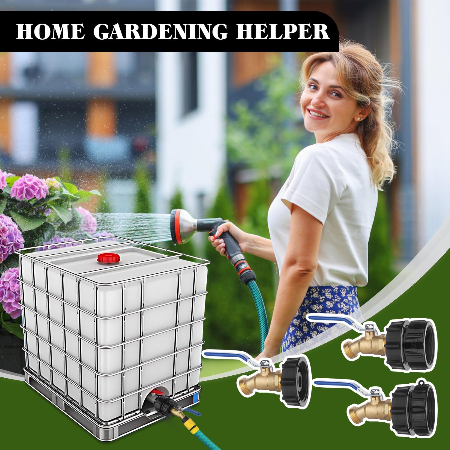 wantmatch IBC Tote Hose Adapter in use with a garden hose