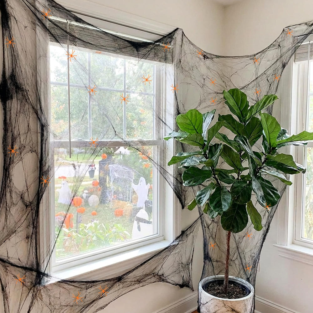 Watayo Black Halloween Spider Web in a haunted house setting