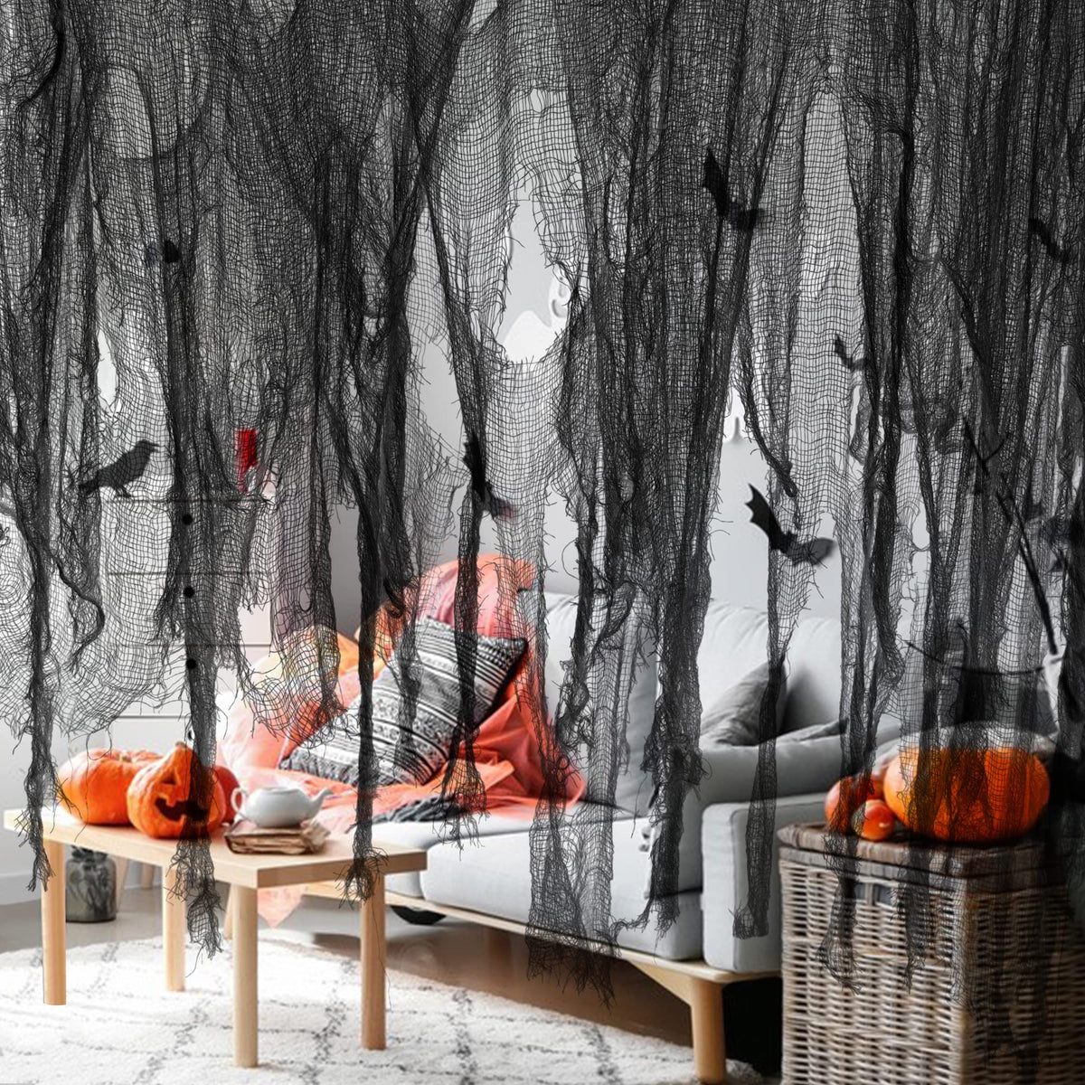 Watayo Halloween Spooky Cloth 196x39 inch black gauze front view