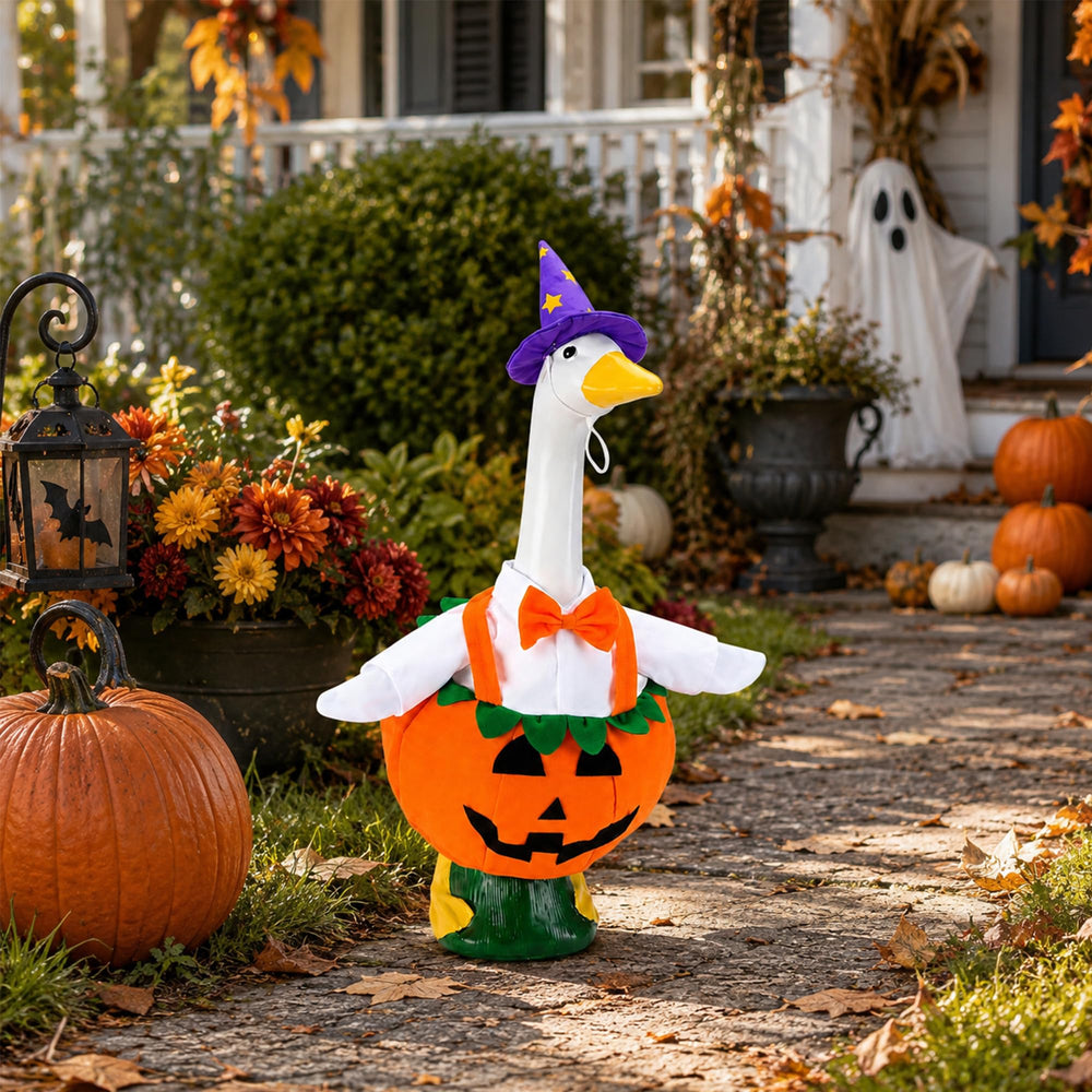 Watayo Pumpkin Goose Outfits displayed on a porch goose statue