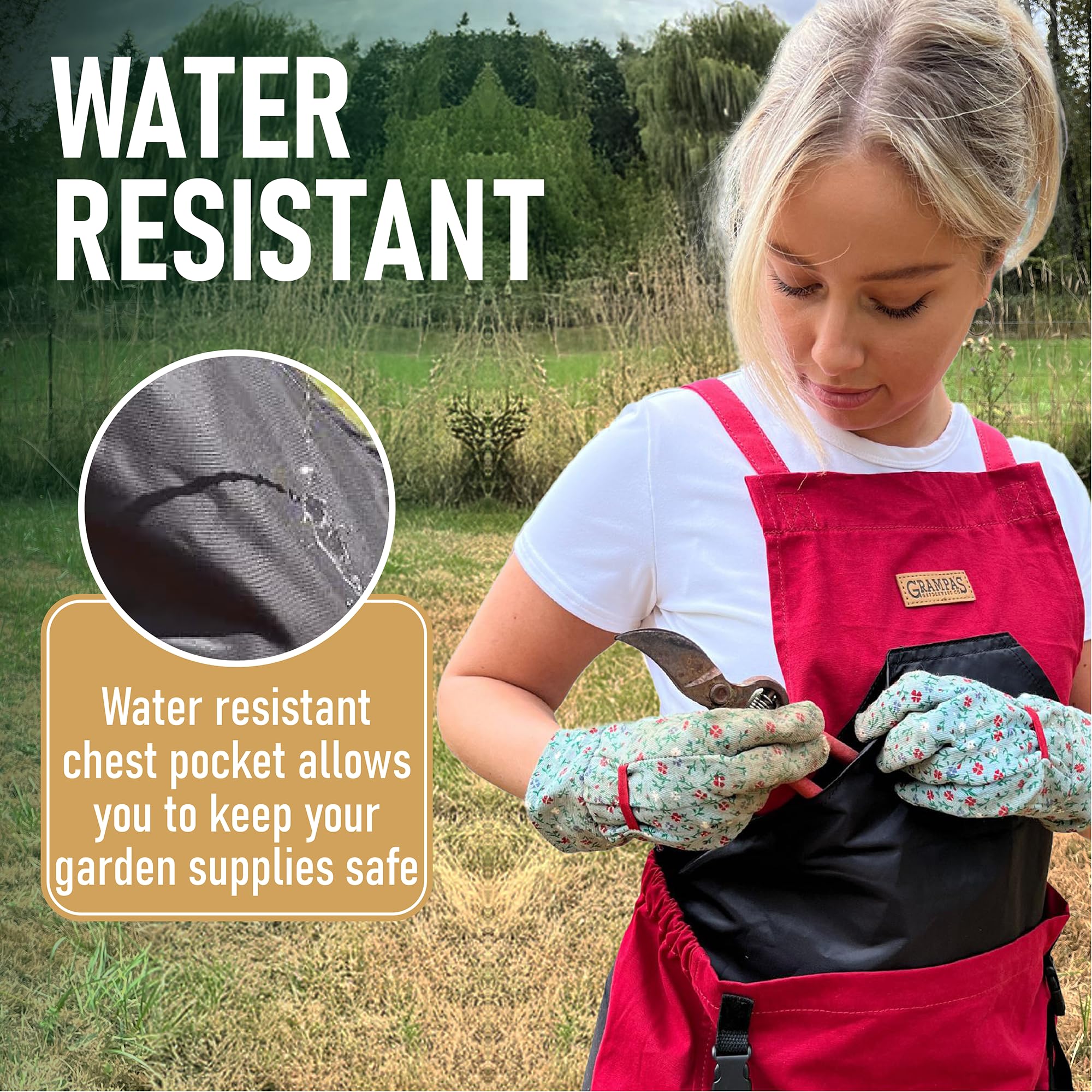 Water-resistant chest pocket of Grampa's Weeder Gardening Apron