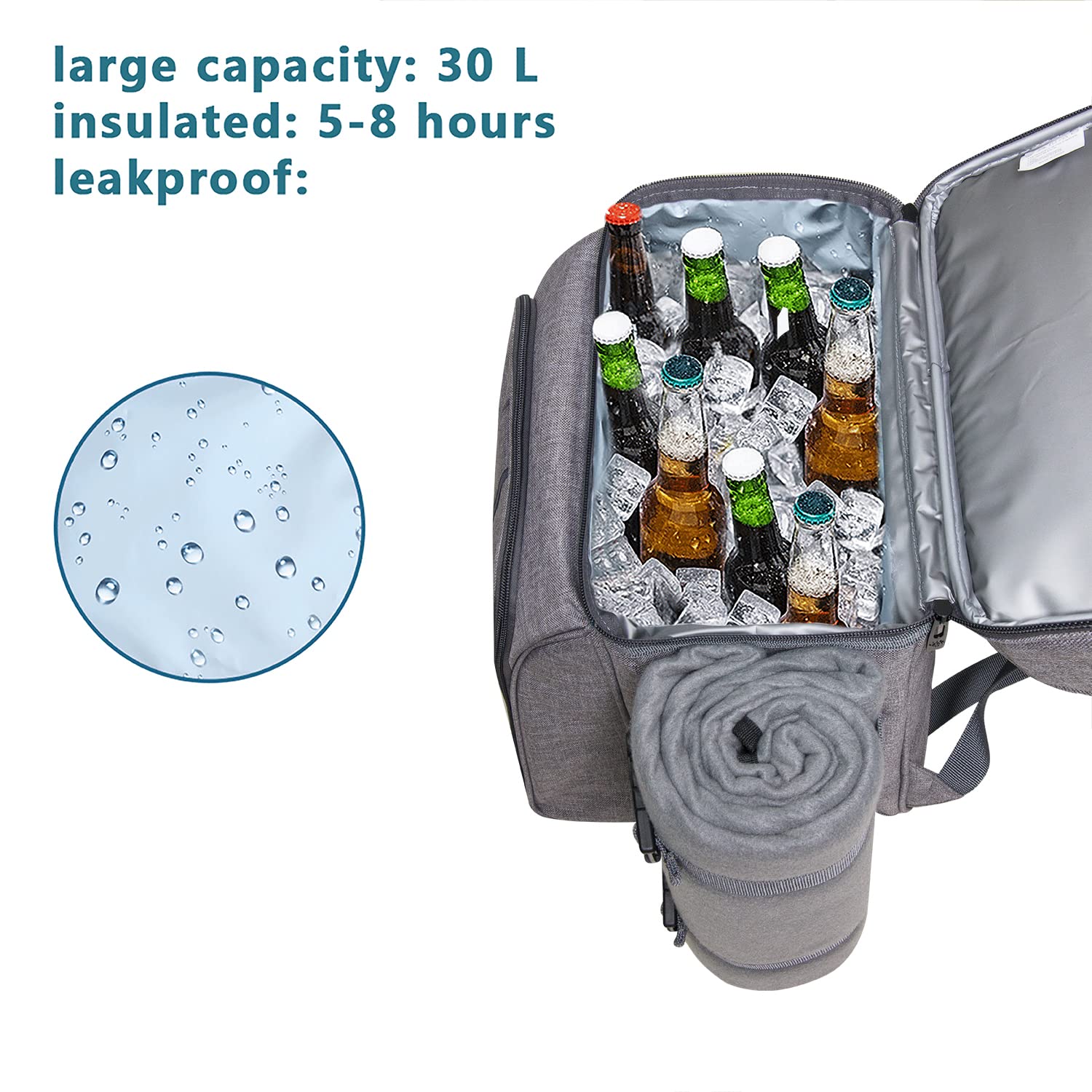 Water-resistant fleece blanket included with picnic backpack