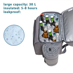 Water-resistant fleece blanket included with picnic backpack