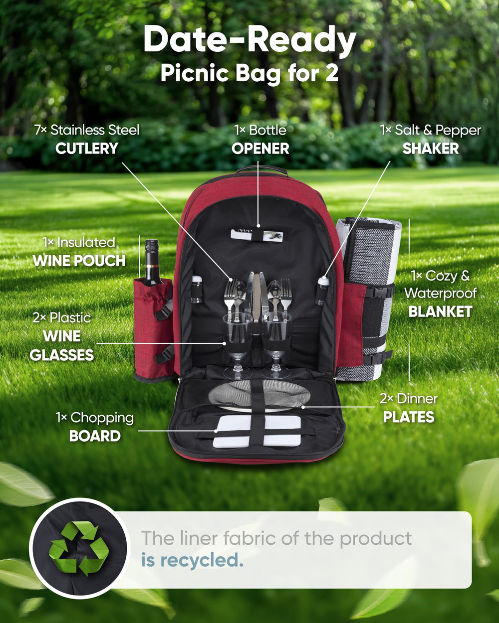 Waterproof picnic blanket folded inside backpack