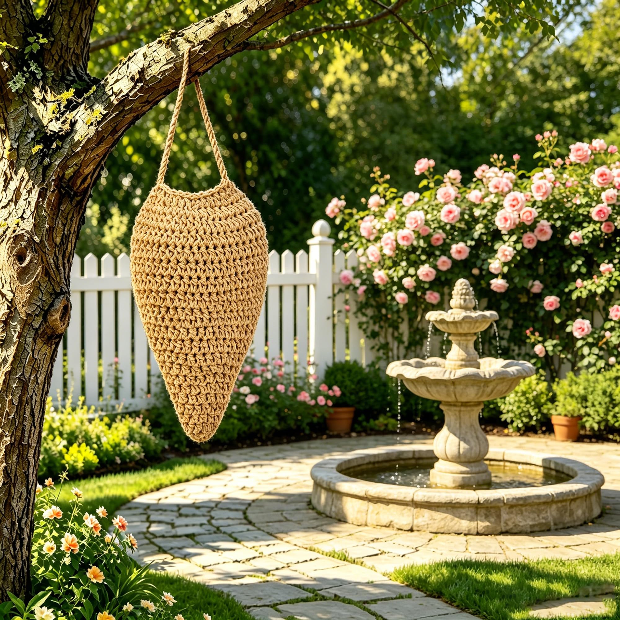 WBCBEC Crochet Wasp Nest Decoy hanging on a tree
