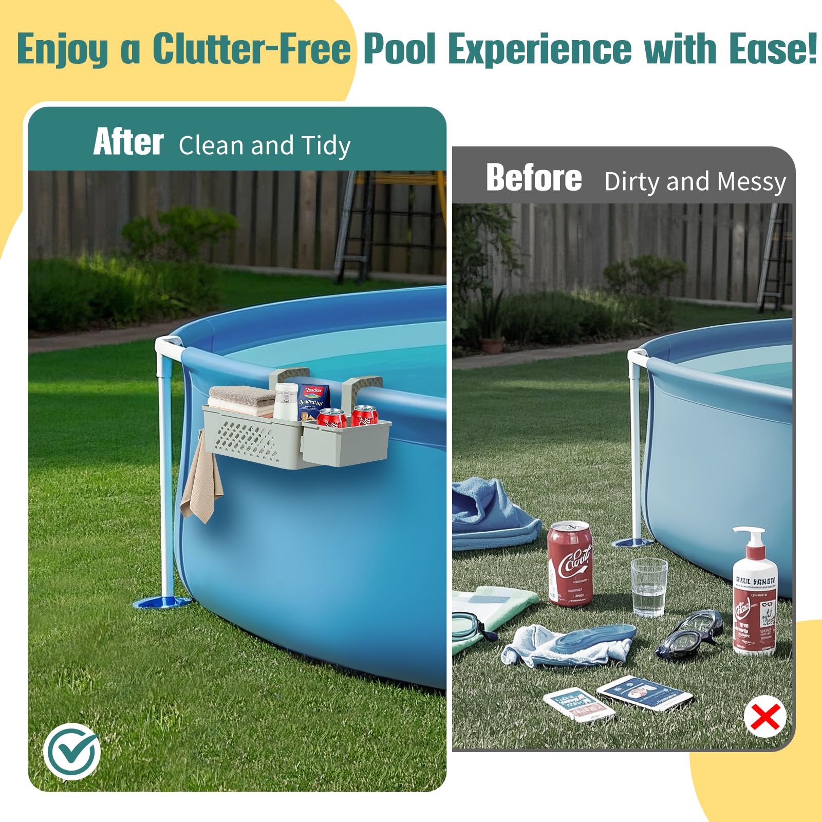 WDZREE poolside storage basket attached to above ground pool