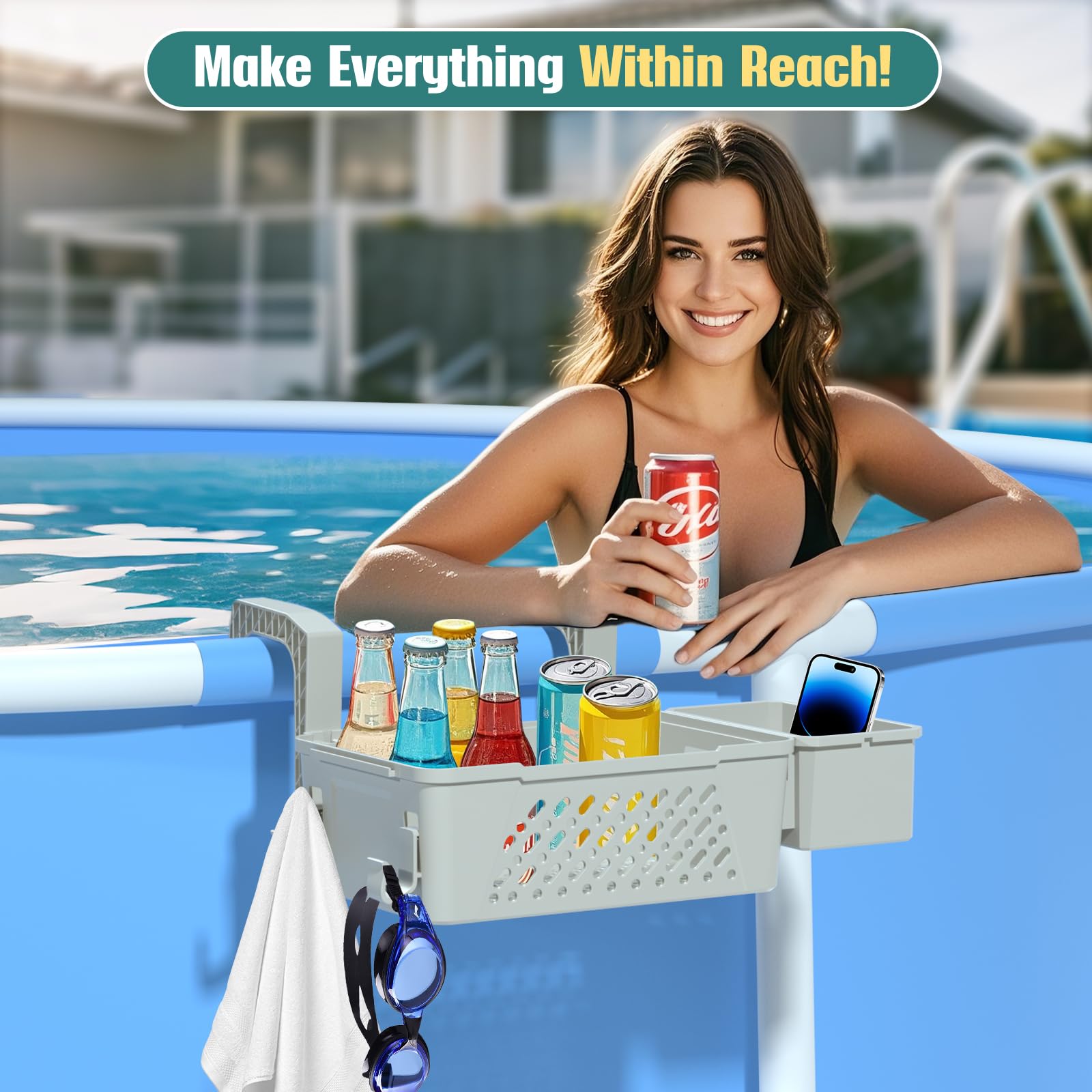 WDZREE poolside storage basket with towels and drinks organized