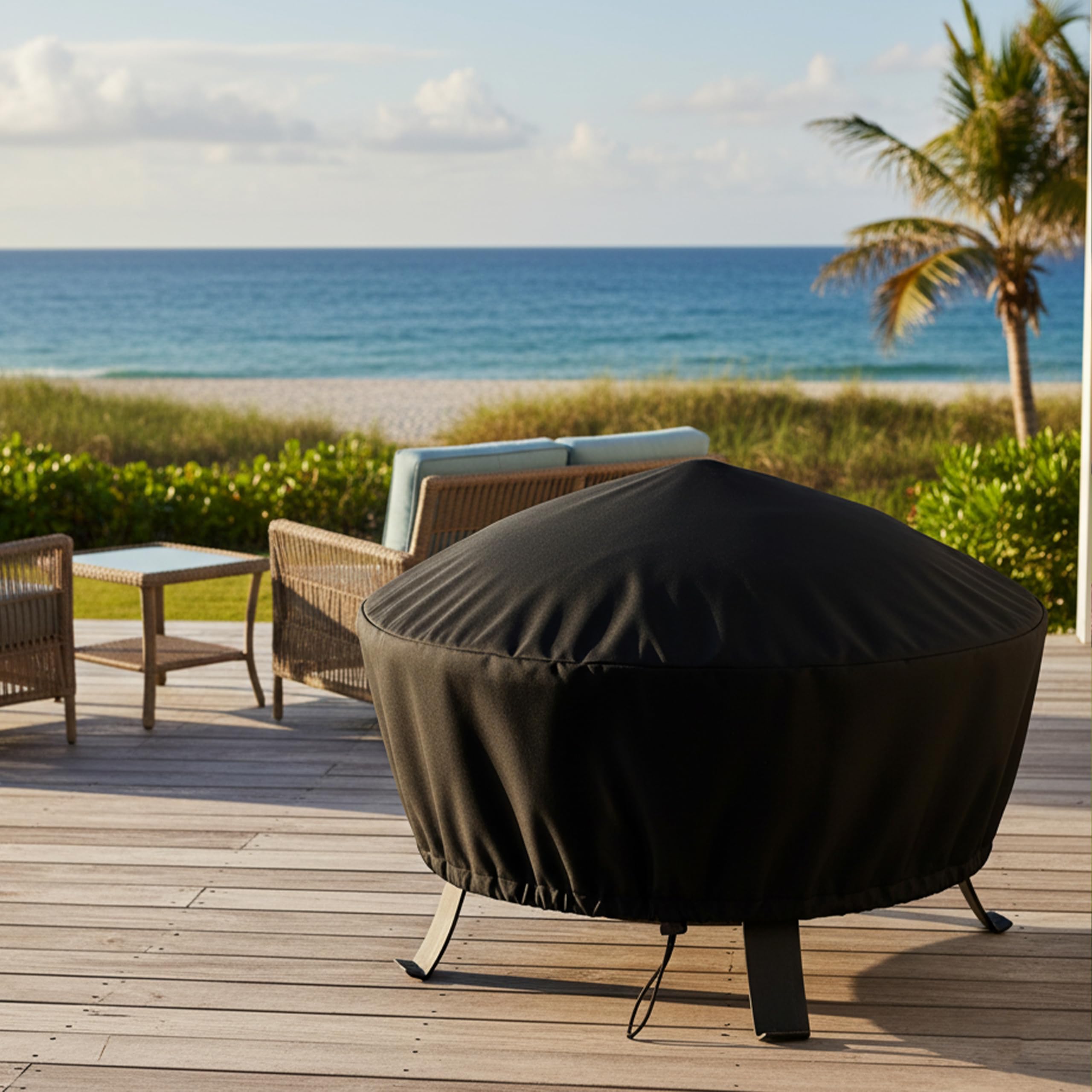 Weather-resistant outdoor fire pit cover on a deck