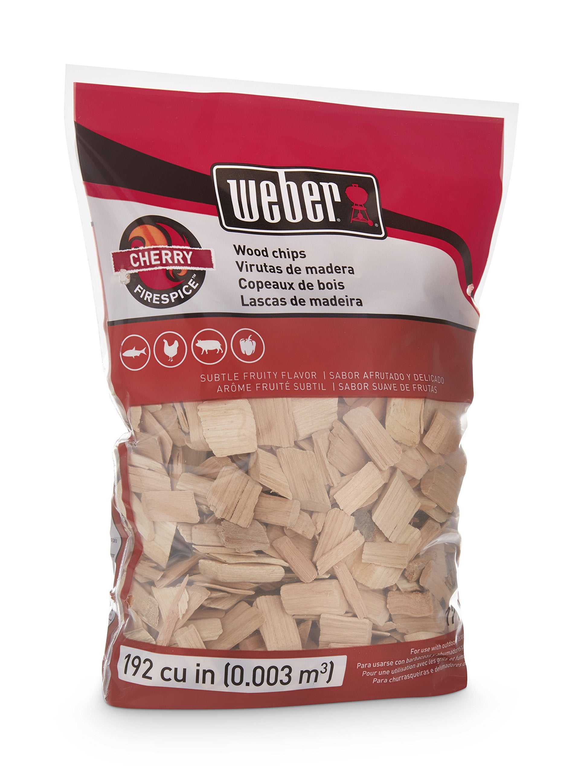 Weber Cherry Wood Chips bag showing dimensions