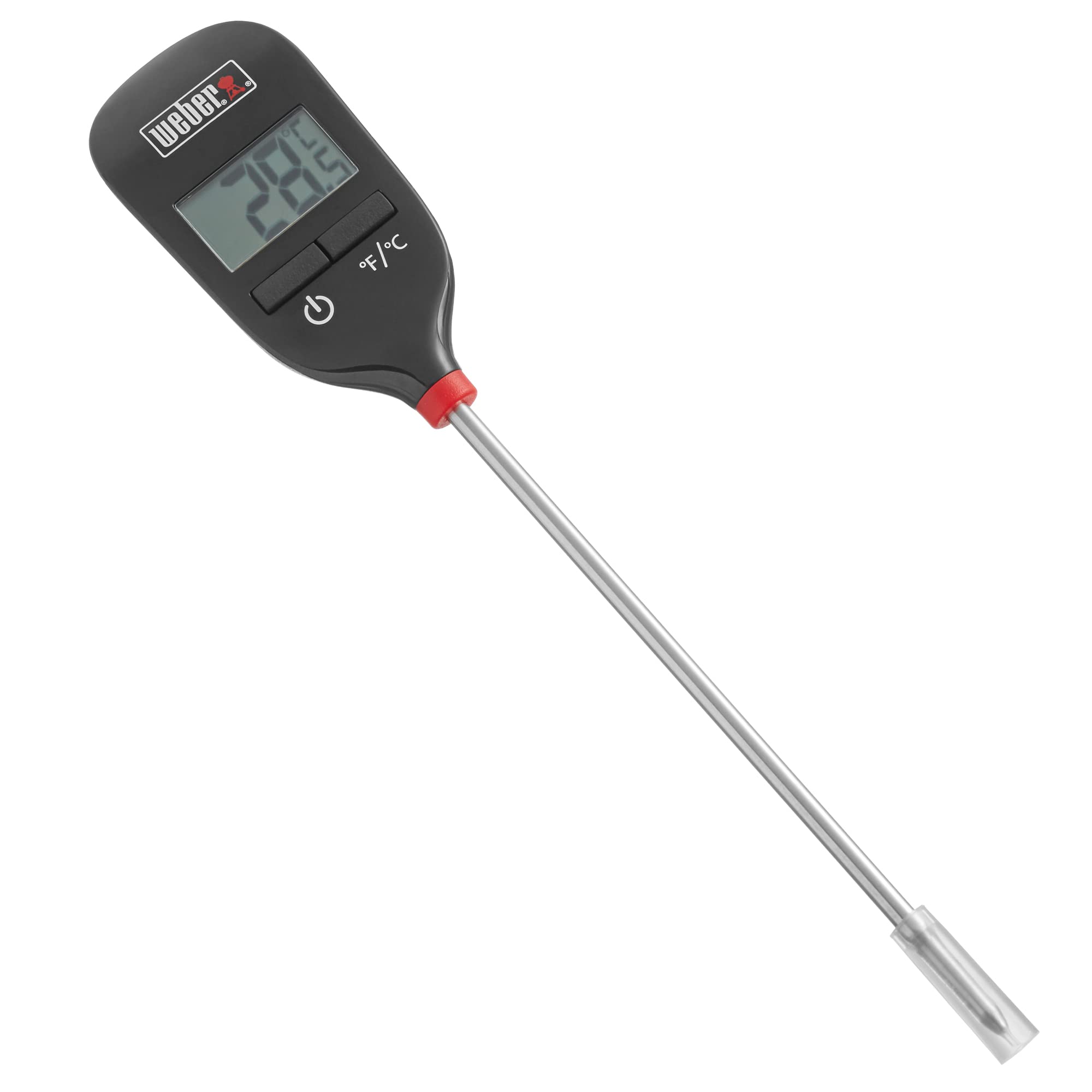 Weber Instant-Read Thermometer front view, black and silver finish