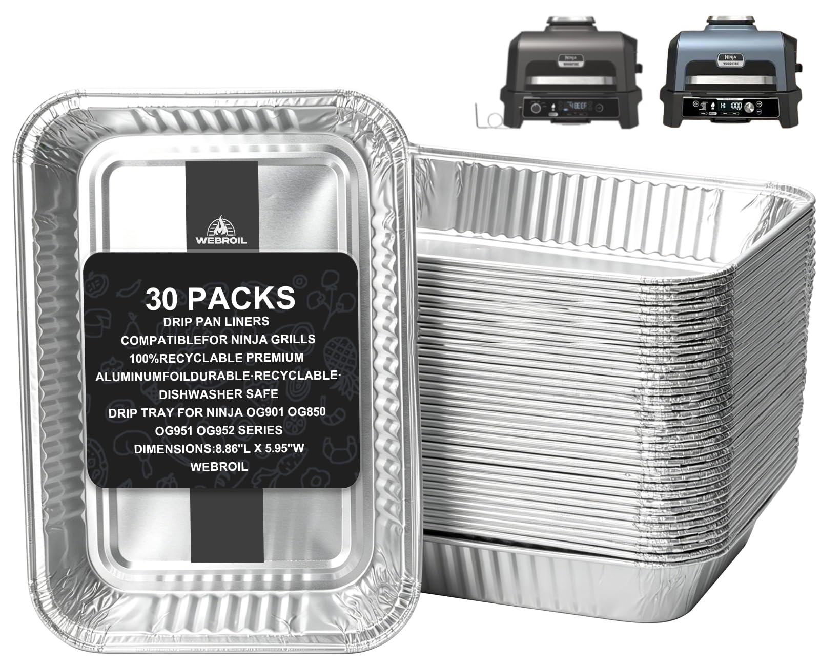 WEBROIL 30 Packs Drip Pans for Ninja OG800 model front view