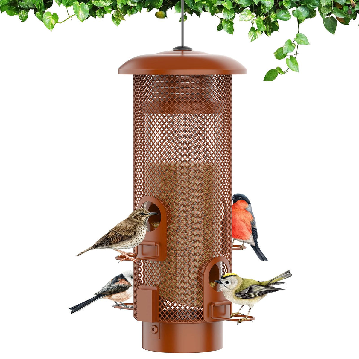 WeeFeetc Metal Squirrel Proof Bird Feeder, Reddish Brown front view