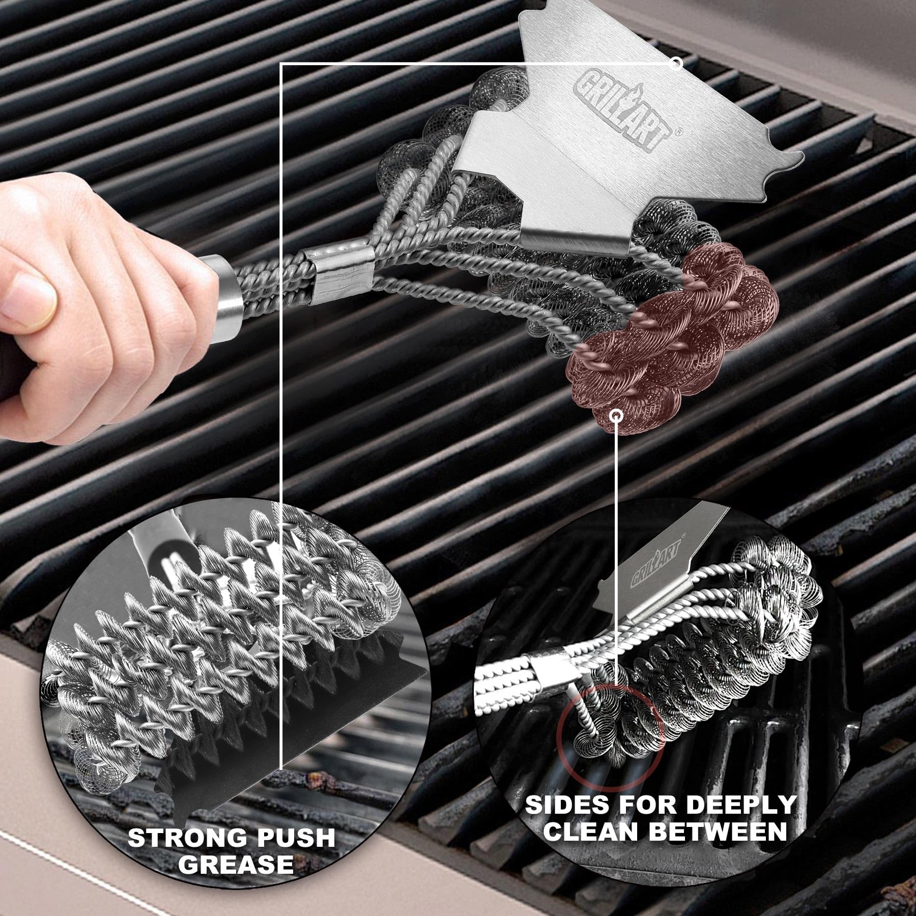 Weetiee Grill Brush side view showcasing the stainless steel material