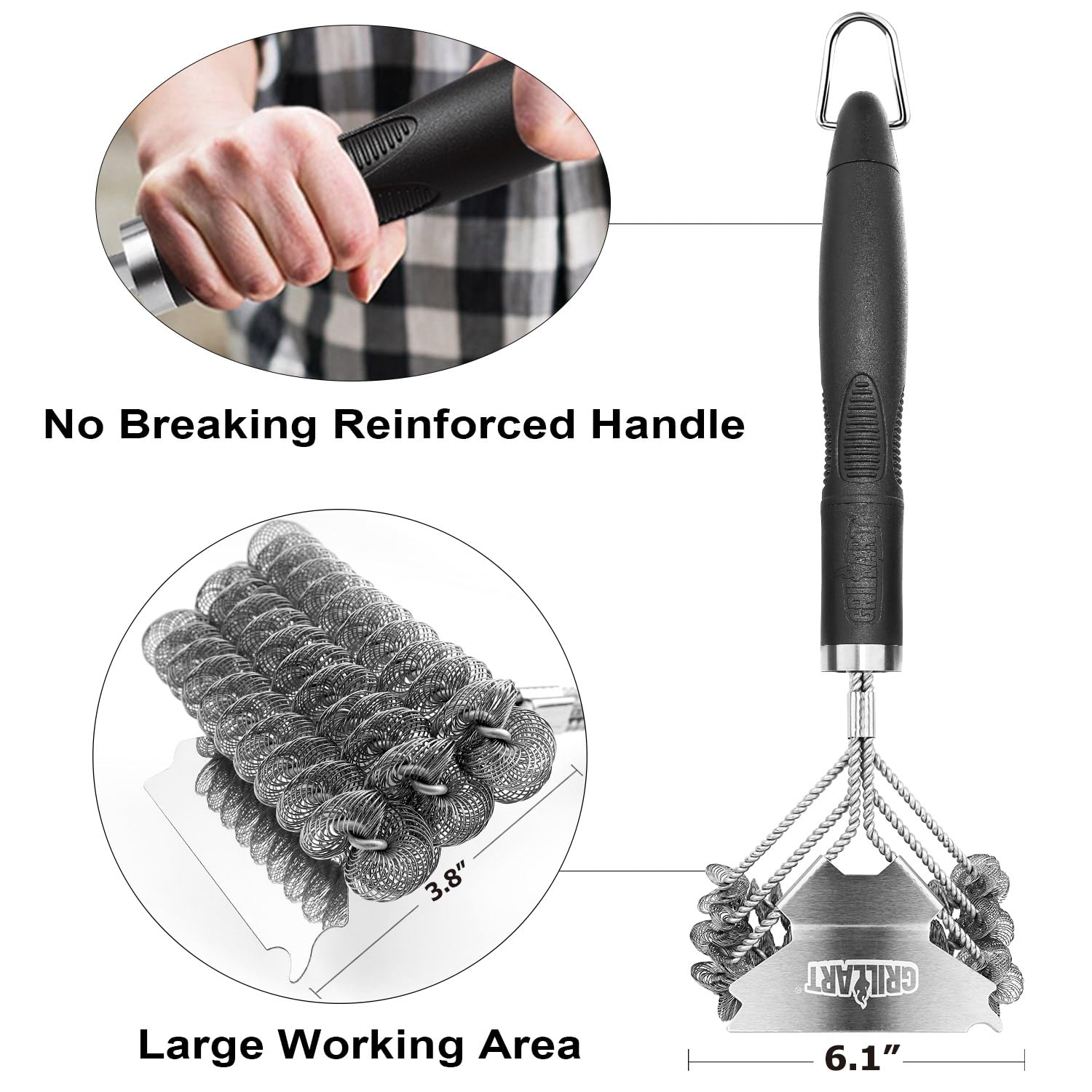 Weetiee Grill Brush with wide scraper in action cleaning a grill