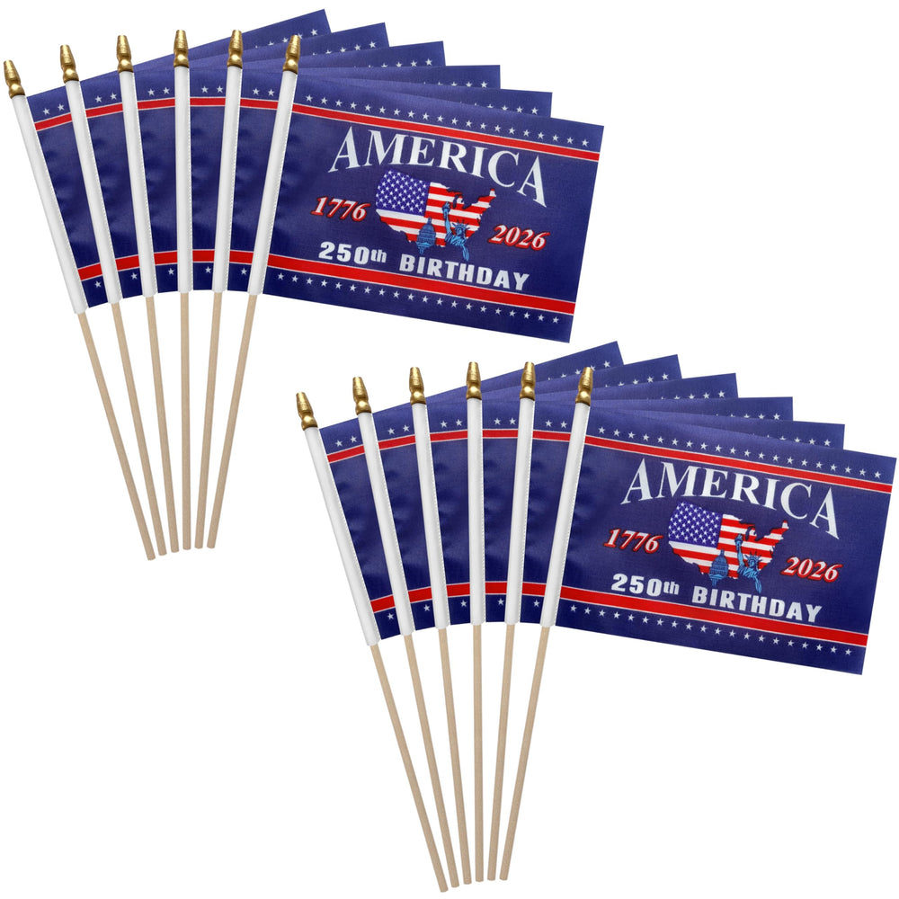 WEITBF 250th Anniversary USA flags front view on wooden sticks