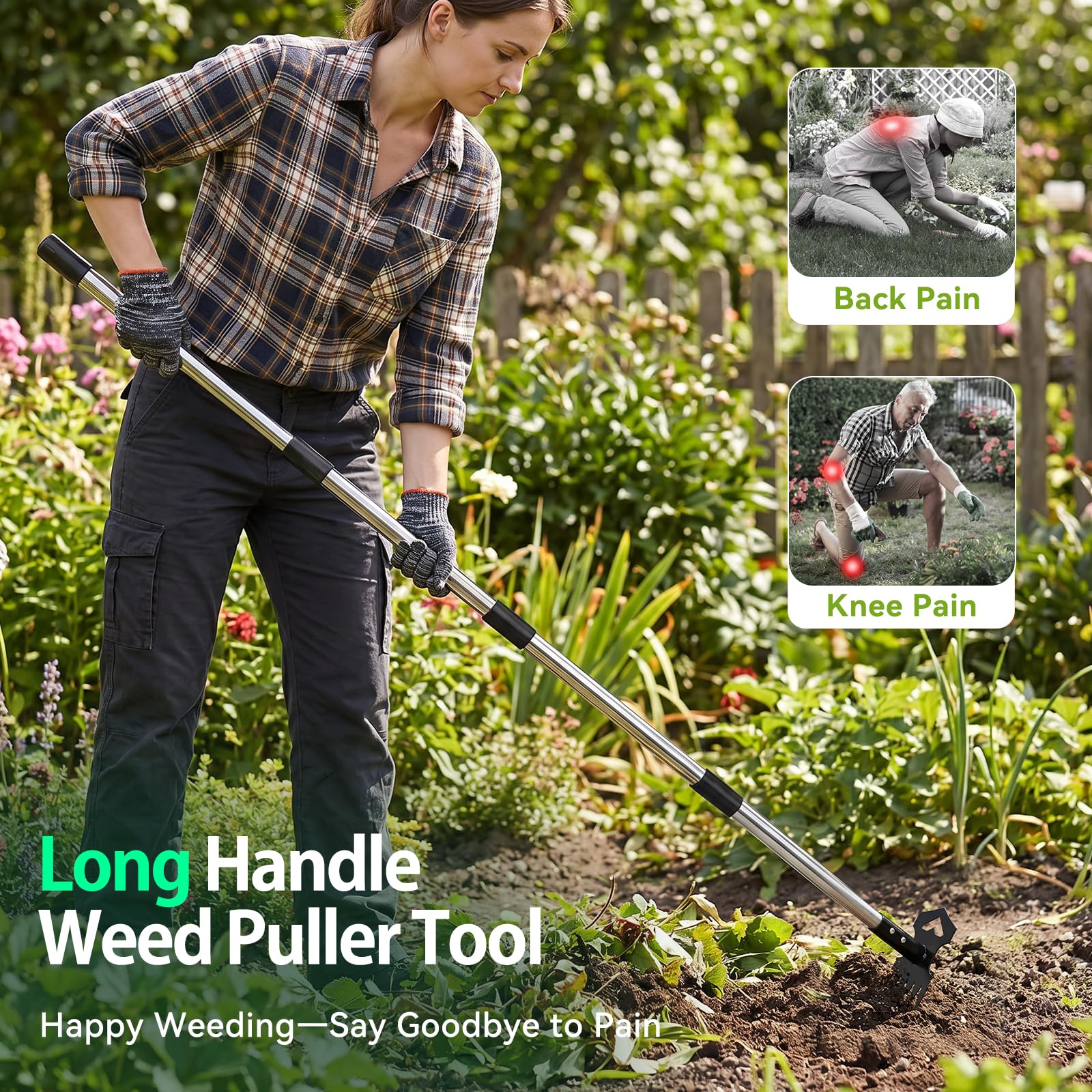 WELLOPLO weed puller tool with 6-tine rake head for uprooting weeds
