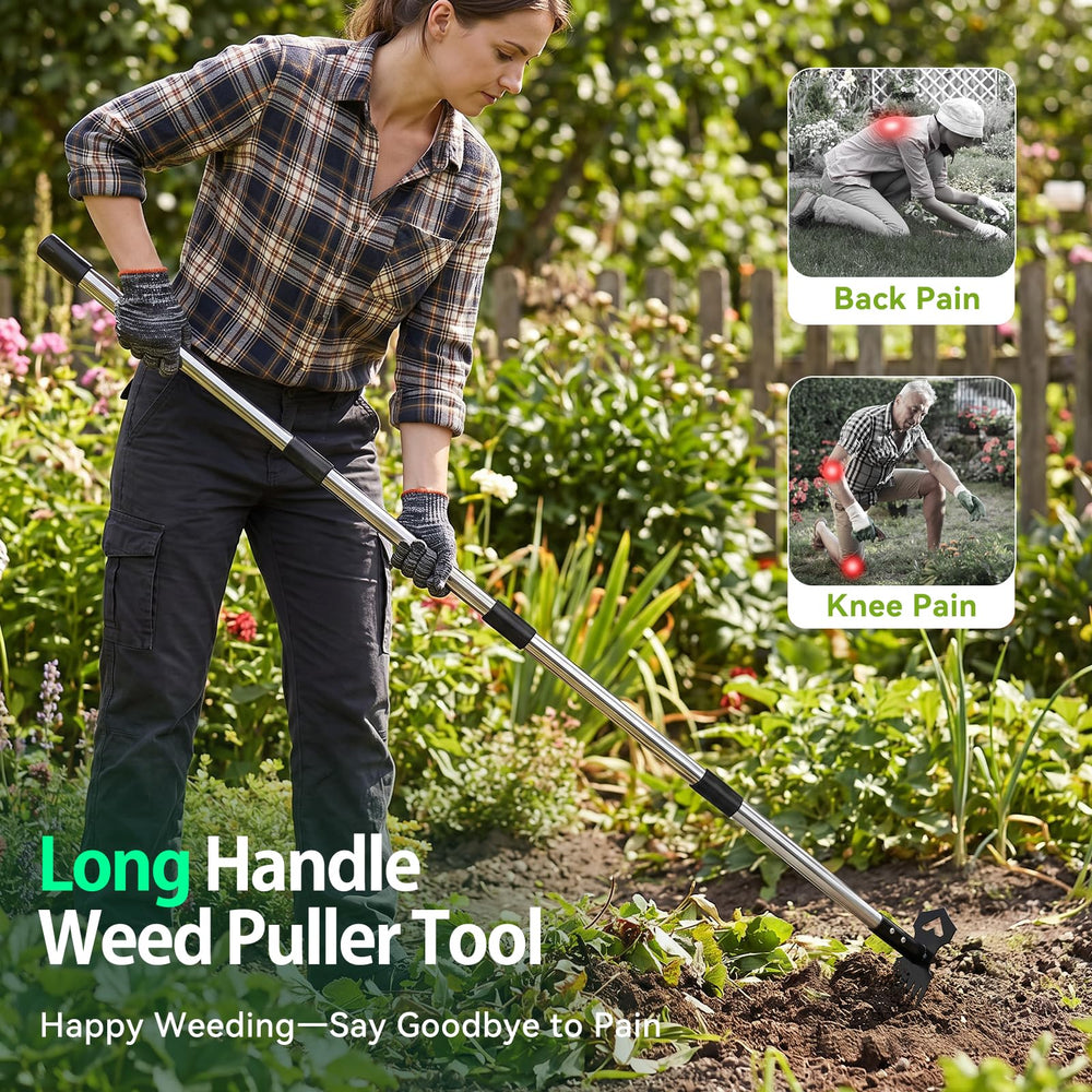 WELLOPLO weed puller tool with 6-tine rake head for uprooting weeds