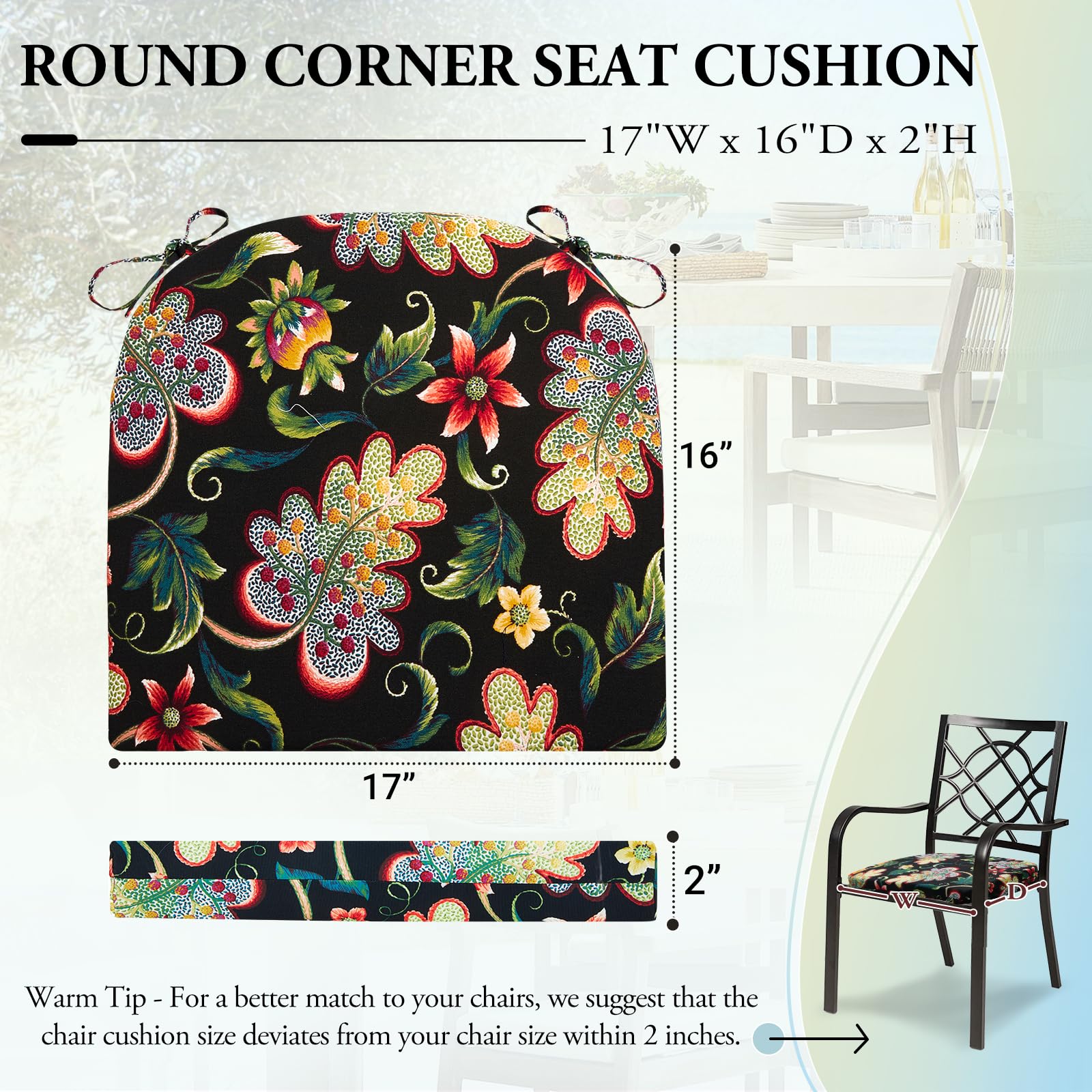 Wellsin outdoor chair cushion showing round corners and straps