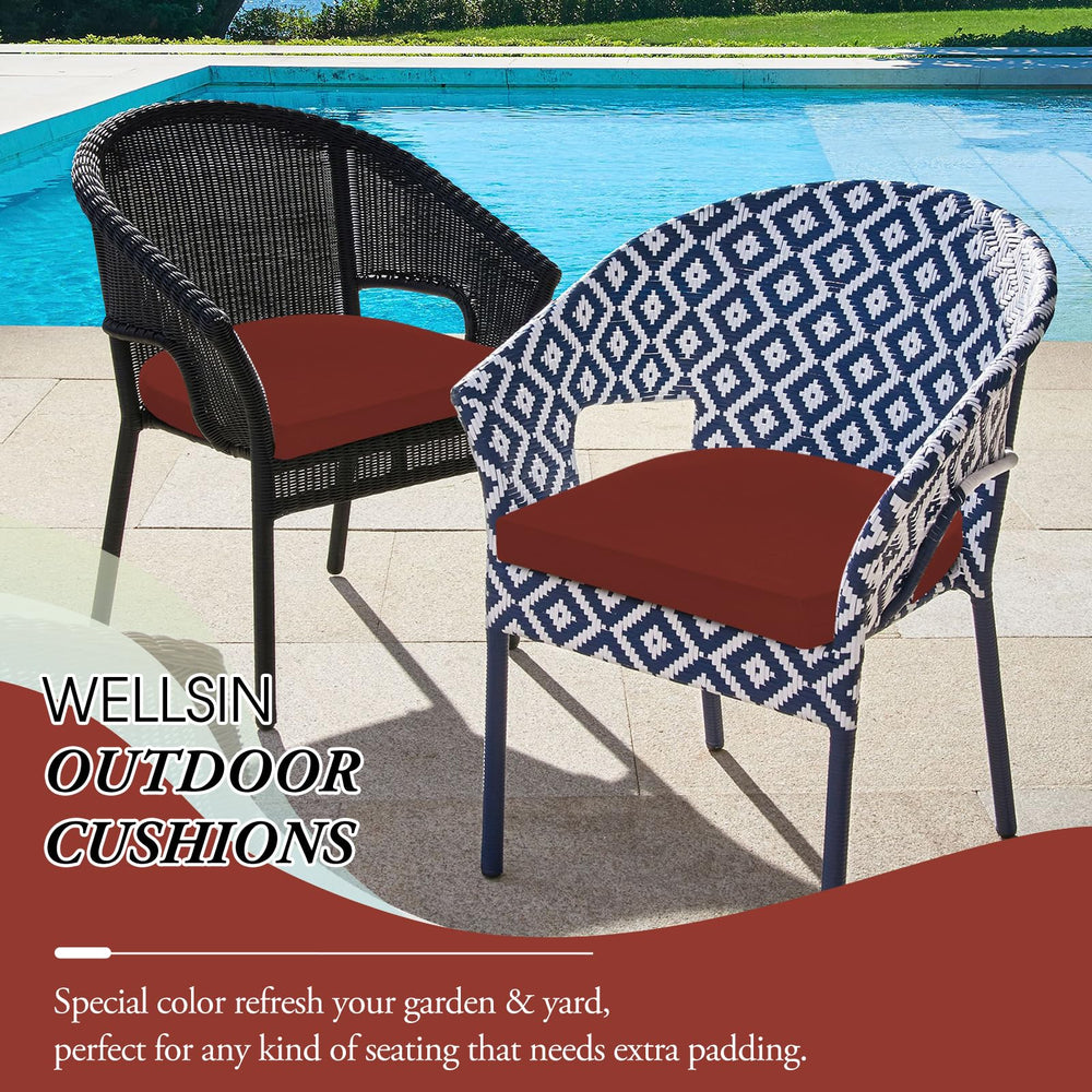 Wellsin outdoor chair cushions in brick red packaging