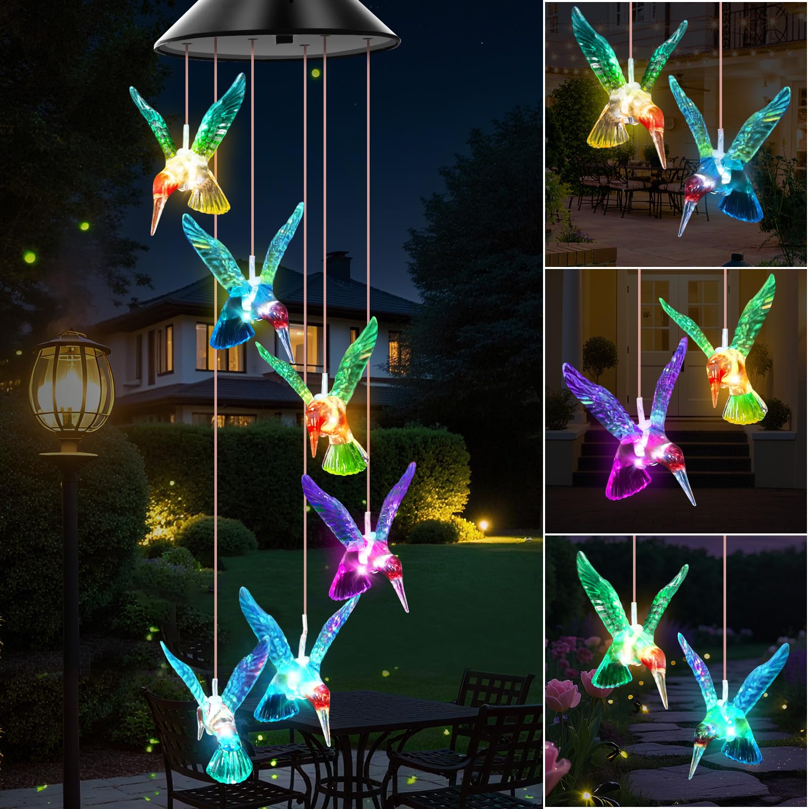 WENANA Blue Hummingbird Solar Wind Chimes displayed on a porch