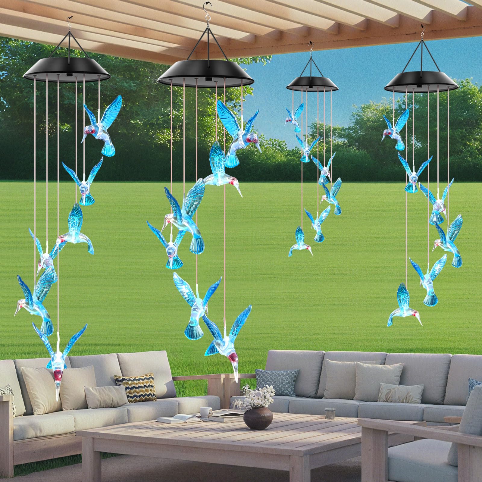 WENANA Blue Hummingbird Solar Wind Chimes glowing at night