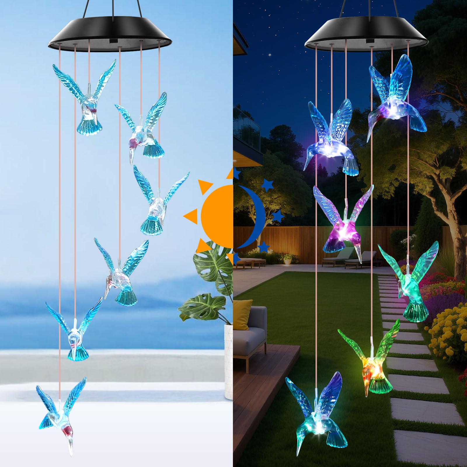 WENANA Blue Hummingbird Solar Wind Chimes hanging in a garden
