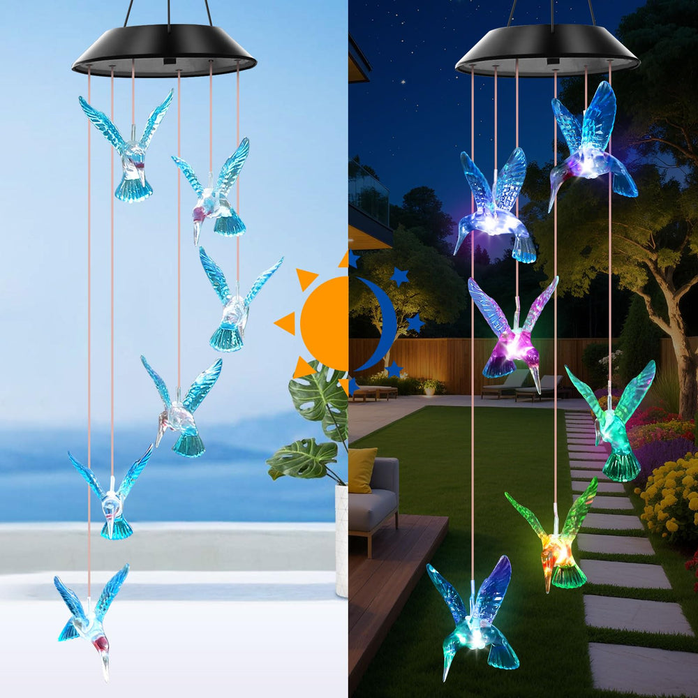 WENANA Blue Hummingbird Solar Wind Chimes hanging in a garden