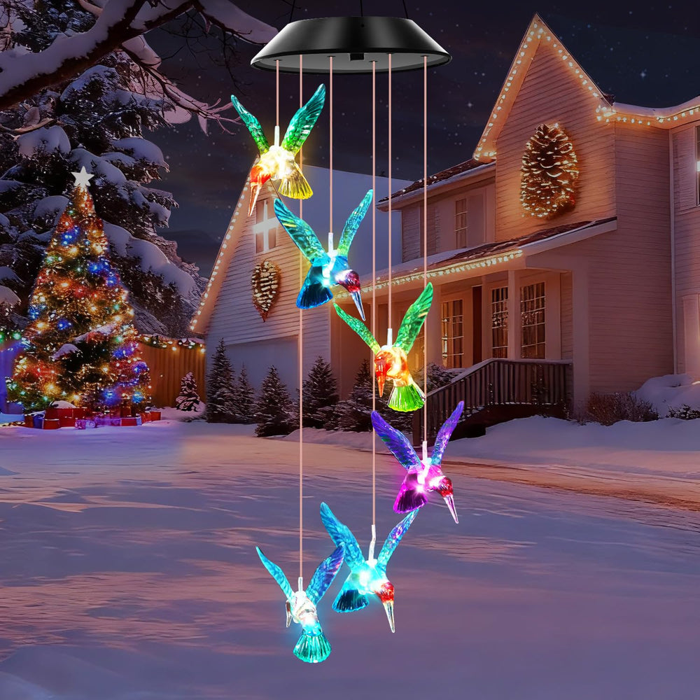 WENANA Blue Hummingbird Solar Wind Chimes in a decorative setting