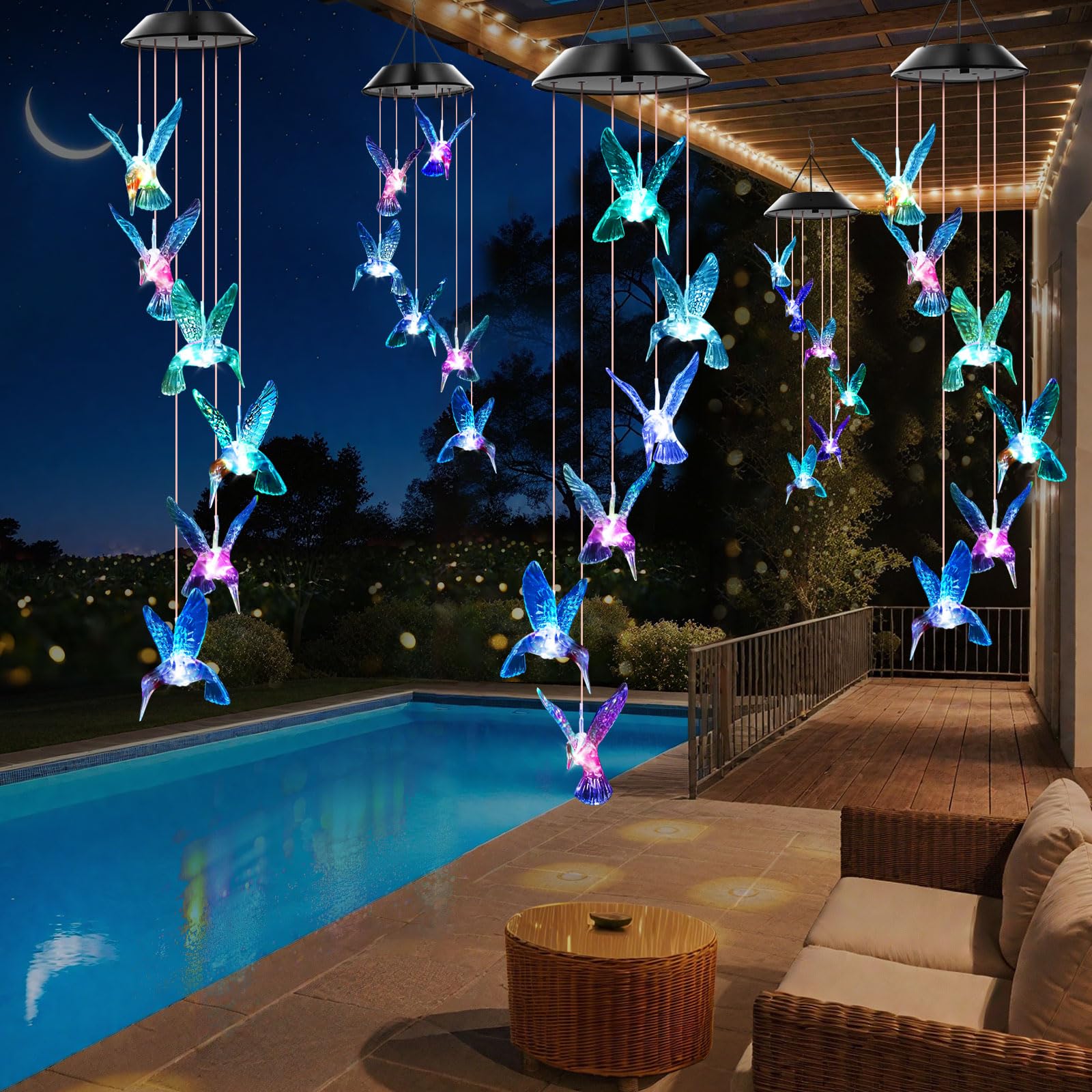 WENANA Blue Hummingbird Solar Wind Chimes in daylight