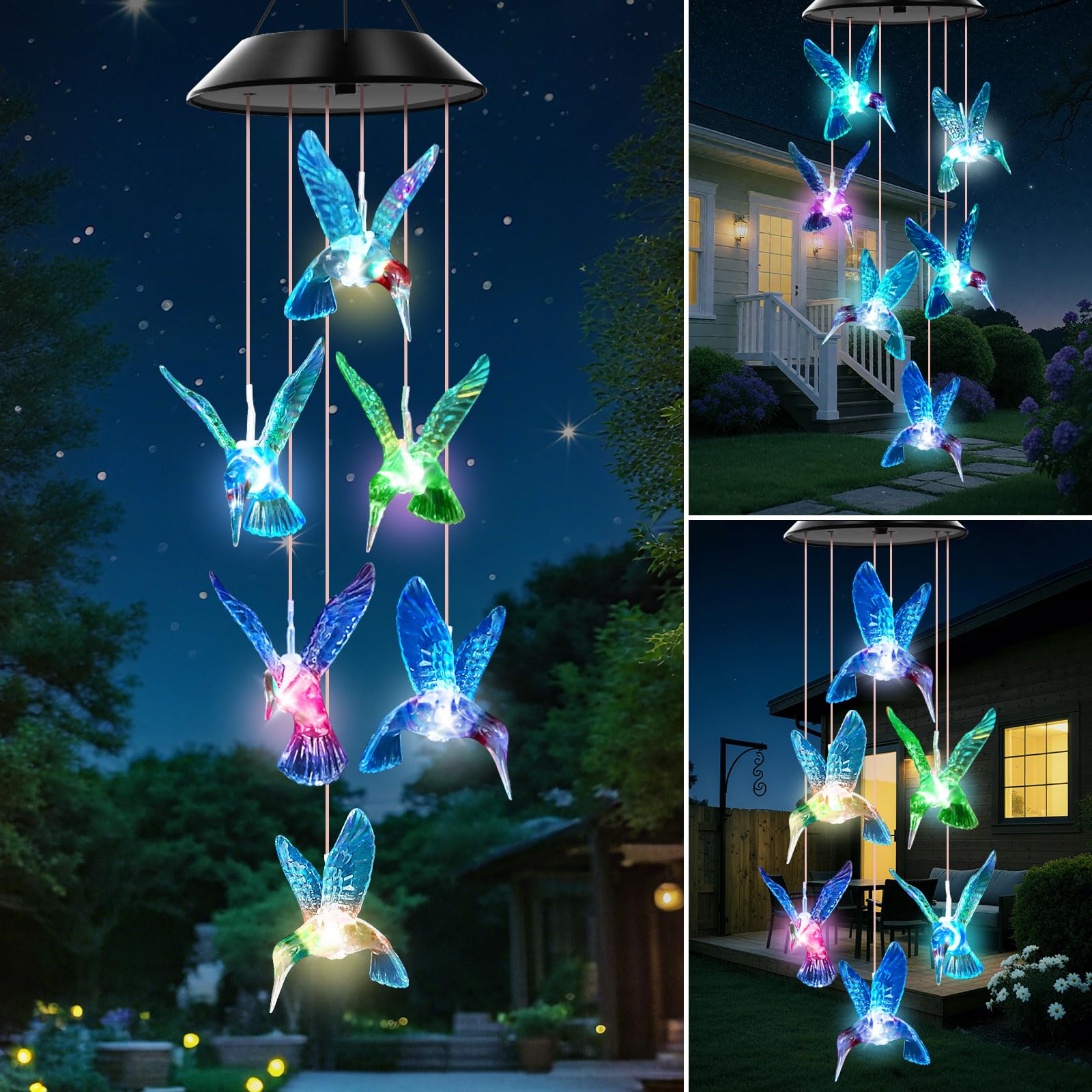 WENANA Blue Hummingbird Solar Wind Chimes multicolor design