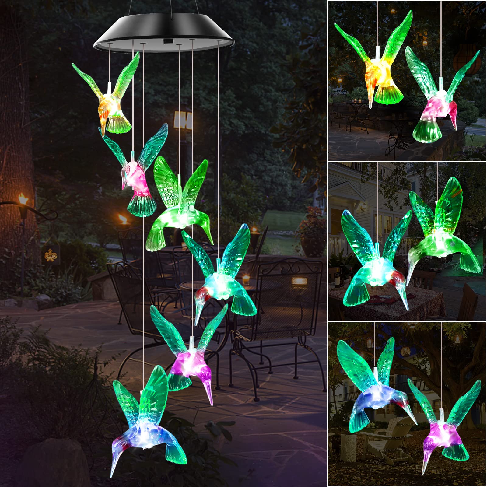WENANA Hummingbird Solar Wind Chime multicolor LED lights front view