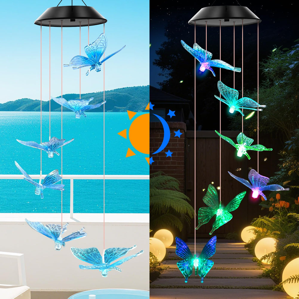 WENANA Solar Wind Chimes Blue Butterfly close-up view