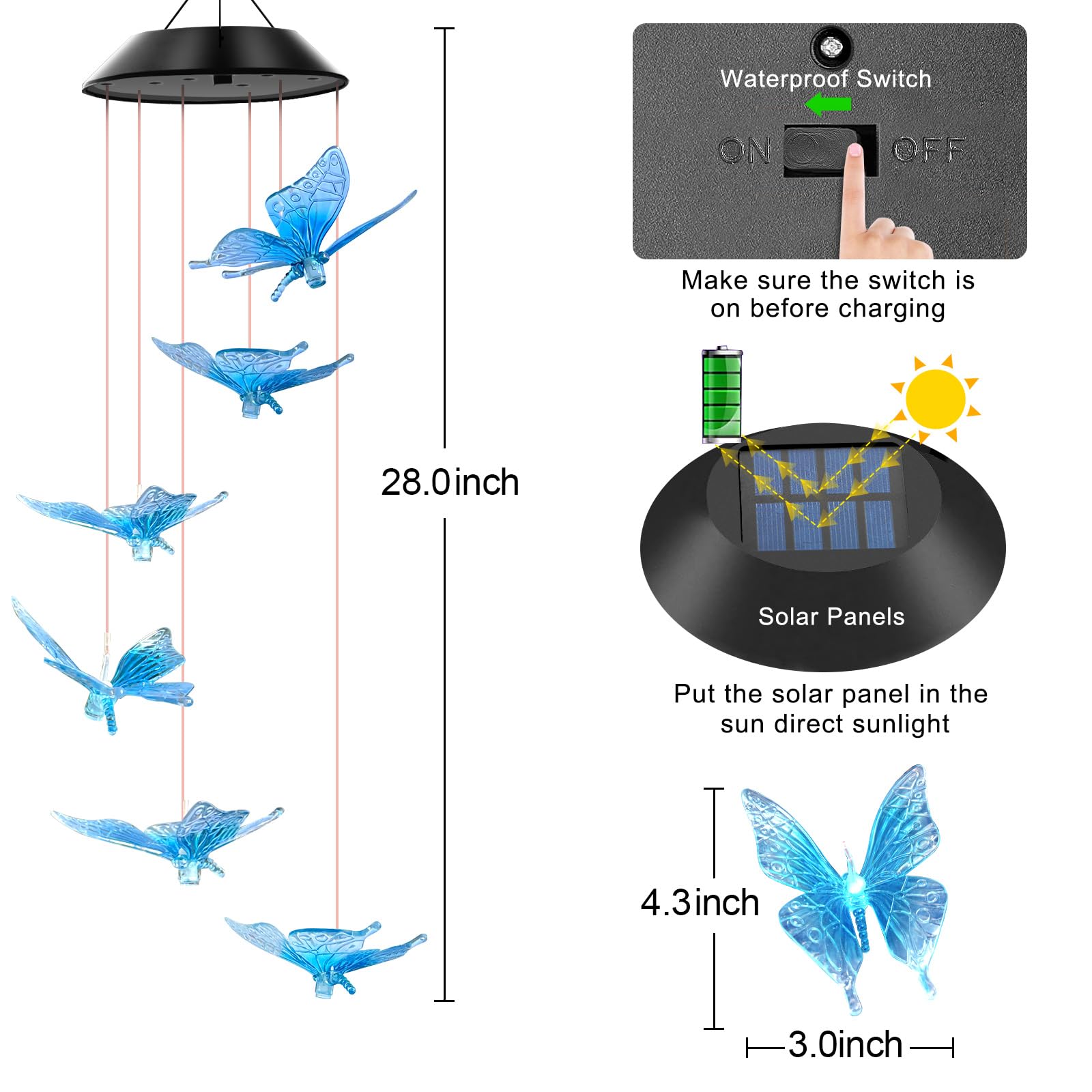 WENANA Solar Wind Chimes Blue Butterfly glowing at night