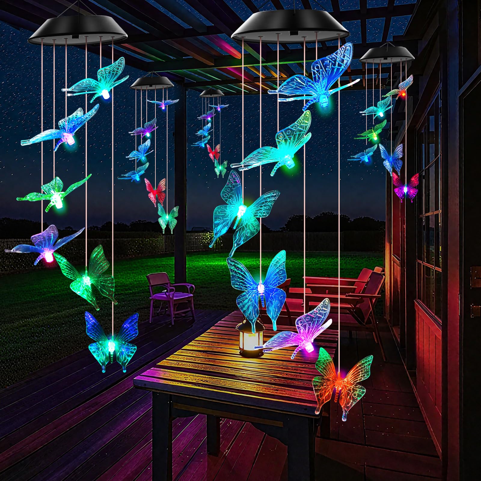 WENANA Solar Wind Chimes Blue Butterfly hanging outdoors