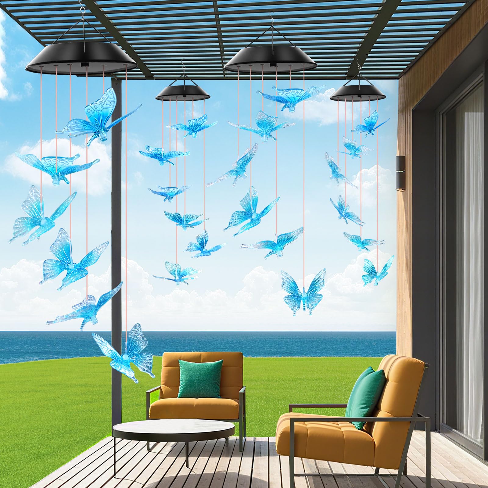 WENANA Solar Wind Chimes Blue Butterfly in garden setting