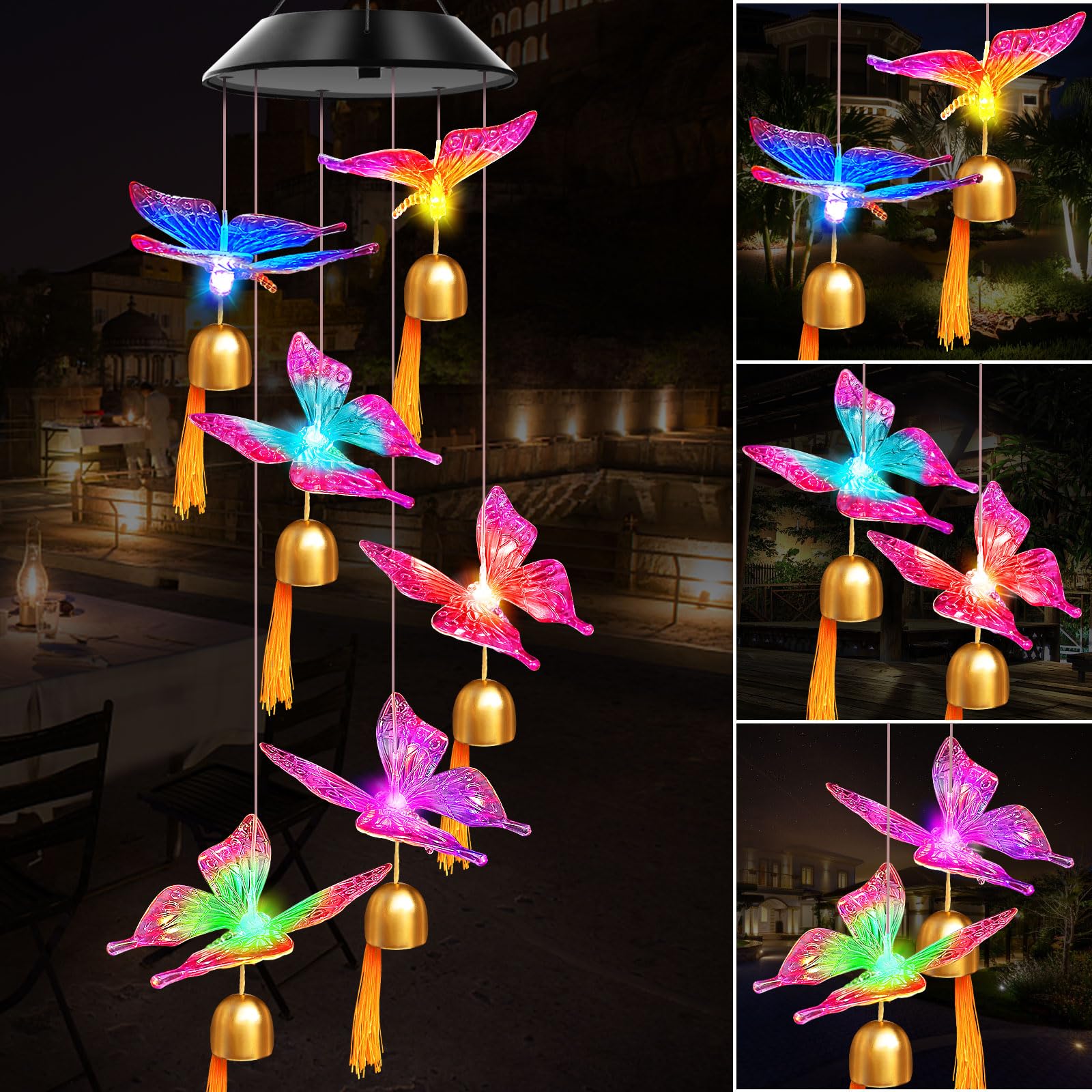 WENANA Solar Wind Chimes Purple Butterfly Bell front view