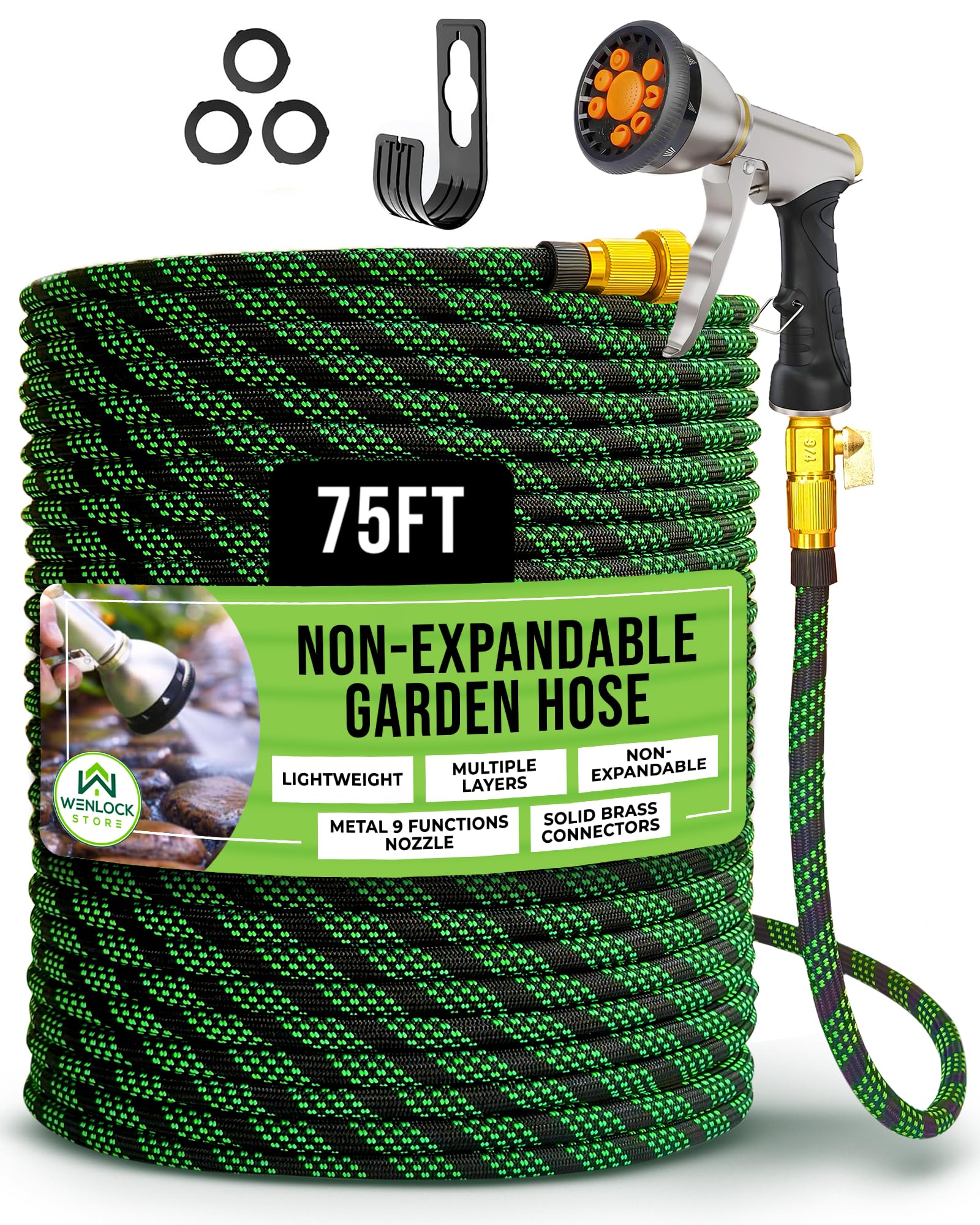 Wenlock Store 75 ft garden hose with metal nozzle in green