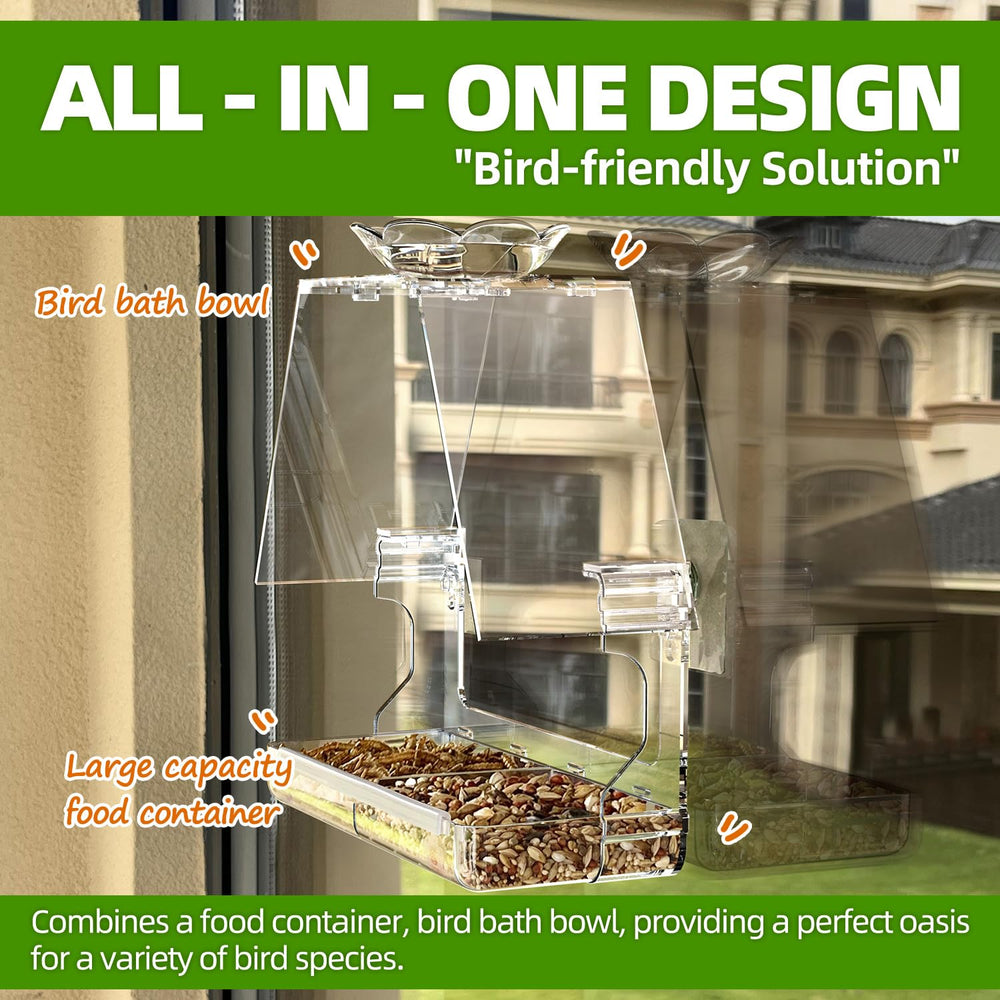WENMIXER Window Bird Feeder mounted on a window with birds nearby