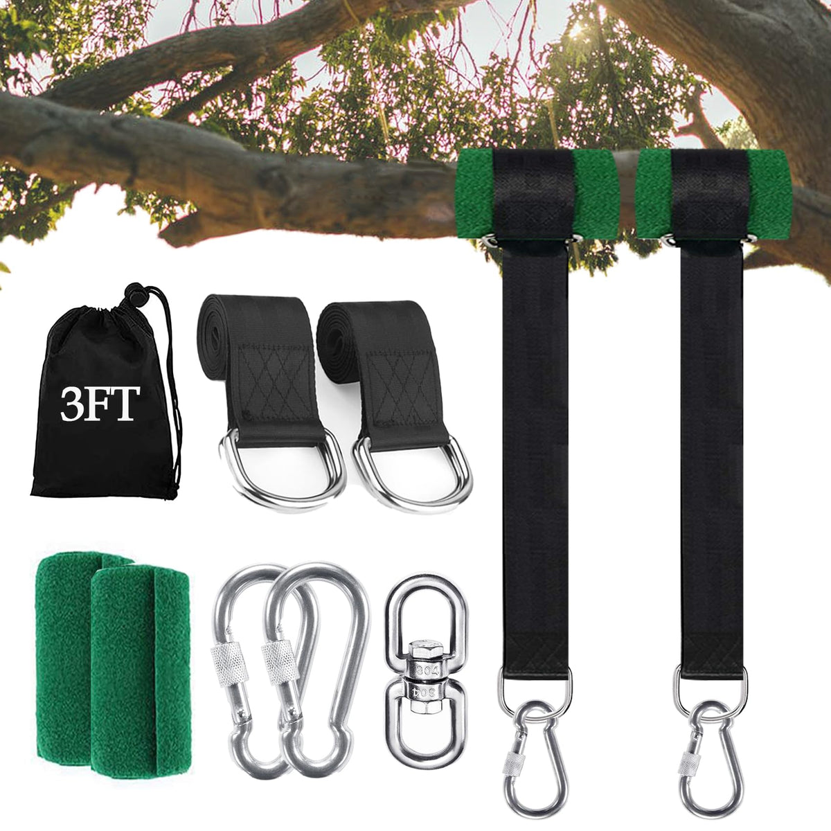 Werfeito Tree Swing Straps Hanging Kit, 3FT black straps with carabiners