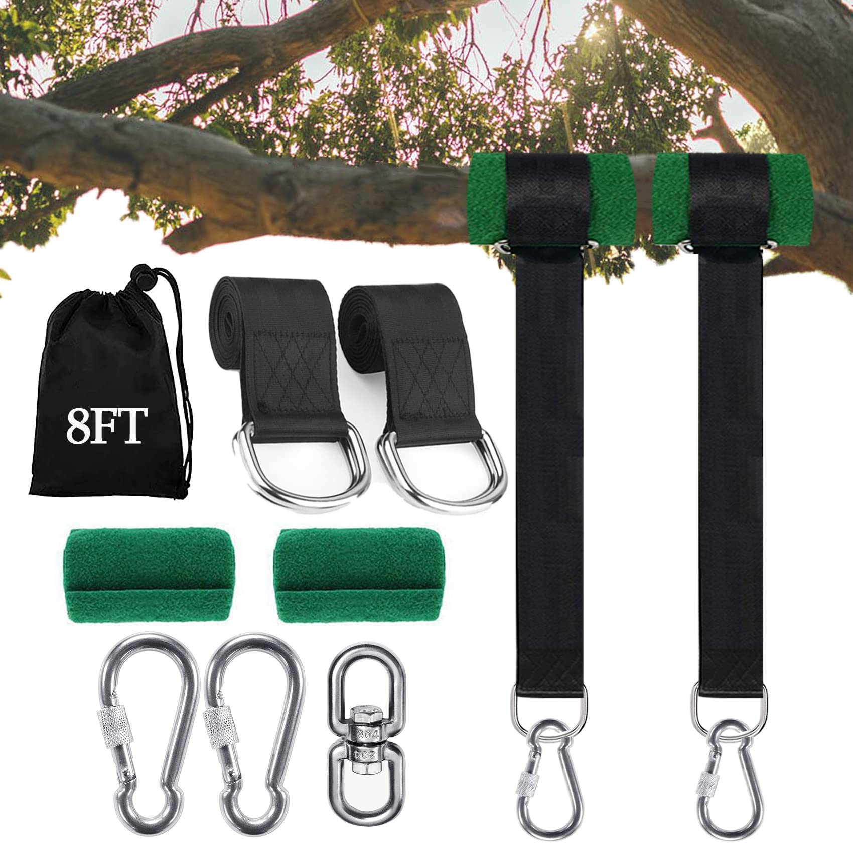 Werfeito Tree Swing Straps Kit, 8FT in black with carabiners