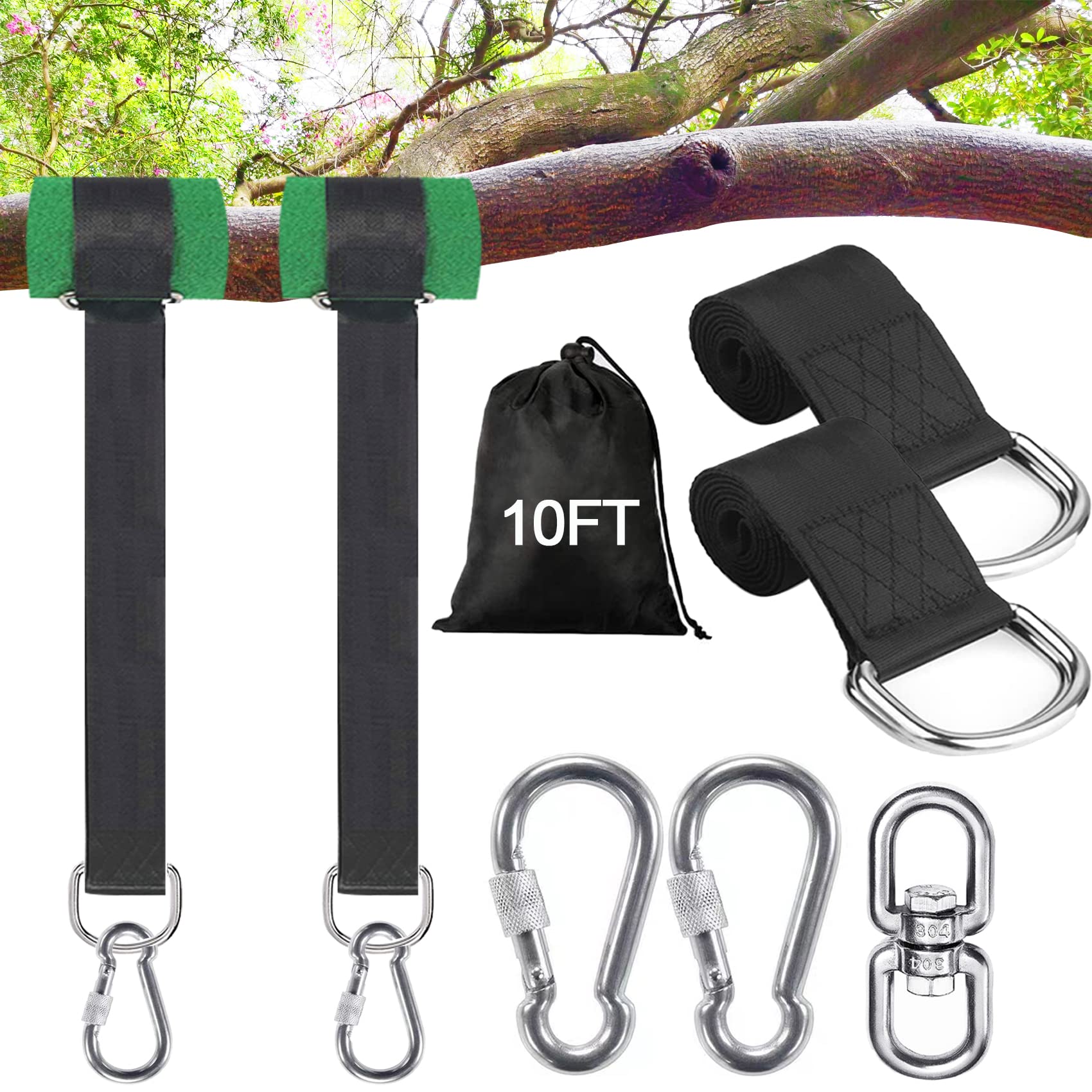 Werflyto Tree Swing Hanging Straps Kit 10FT with carabiners