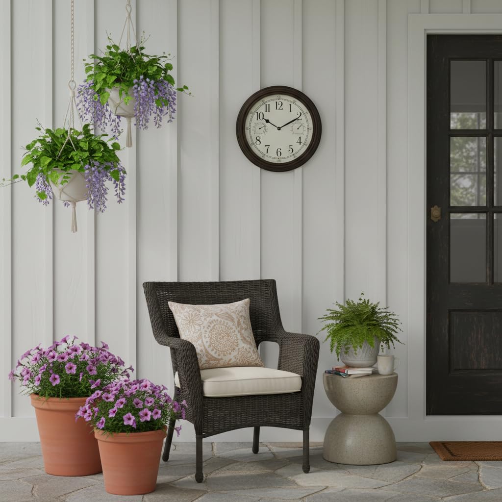 Westclox 12-inch wall clock displayed in a patio setting