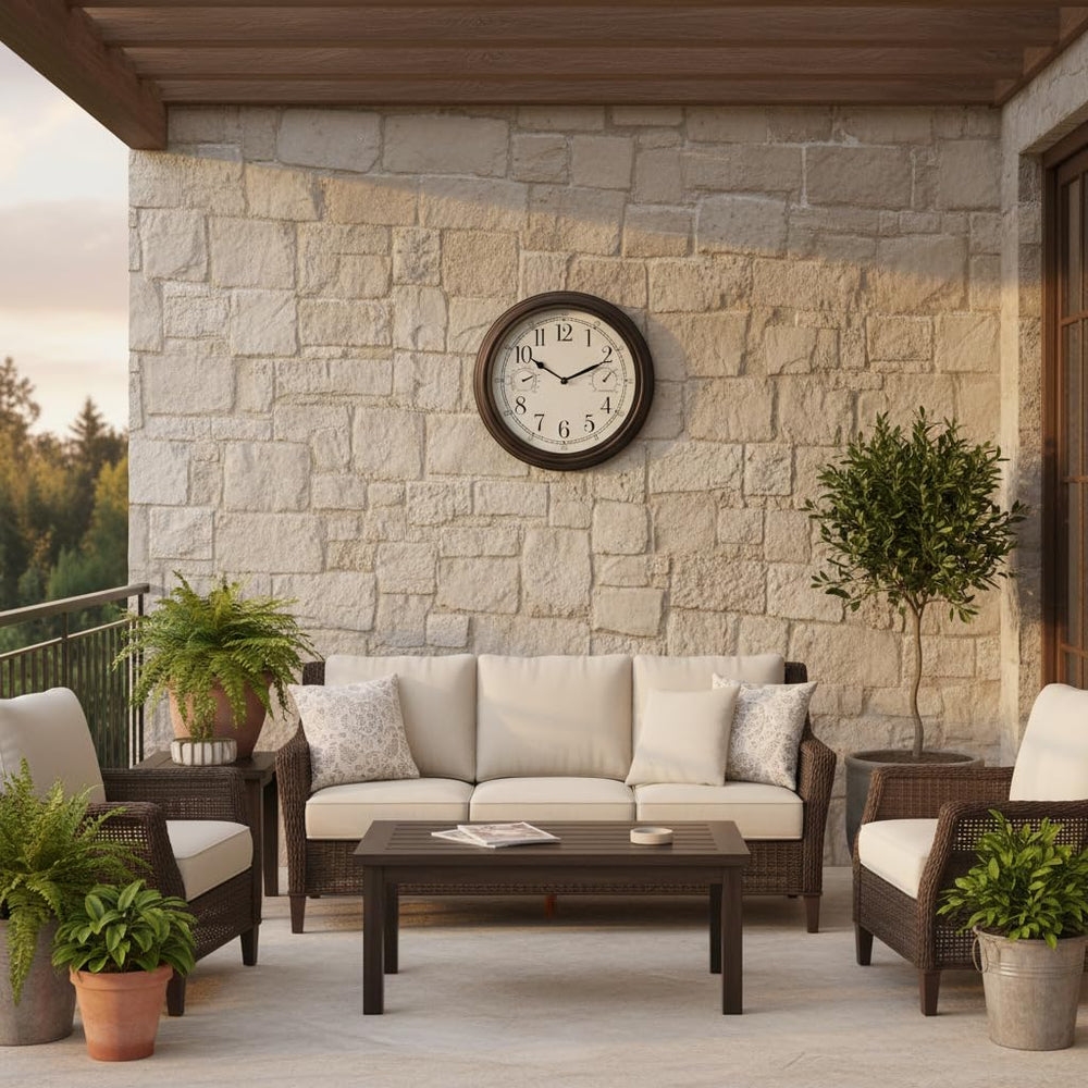 Westclox wall clock mounted on a garden wall