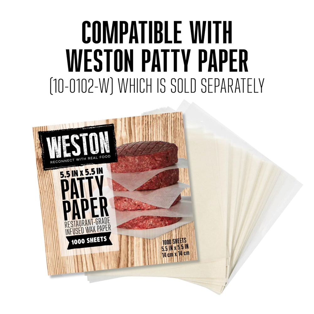 Weston Burger Press alongside grilled burgers on a barbecue