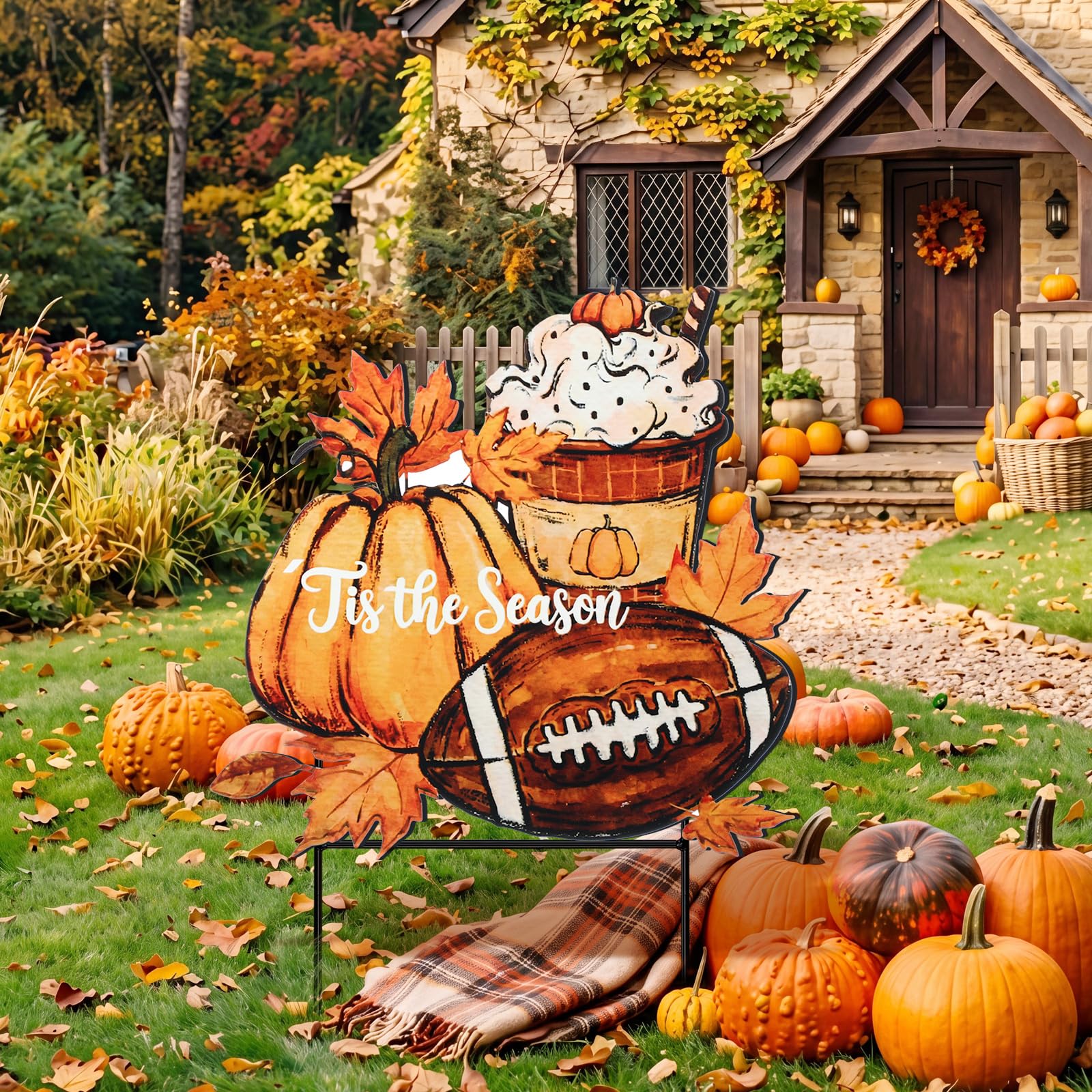Weysat Fall Pumpkin Yard Sign close-up showing football elements